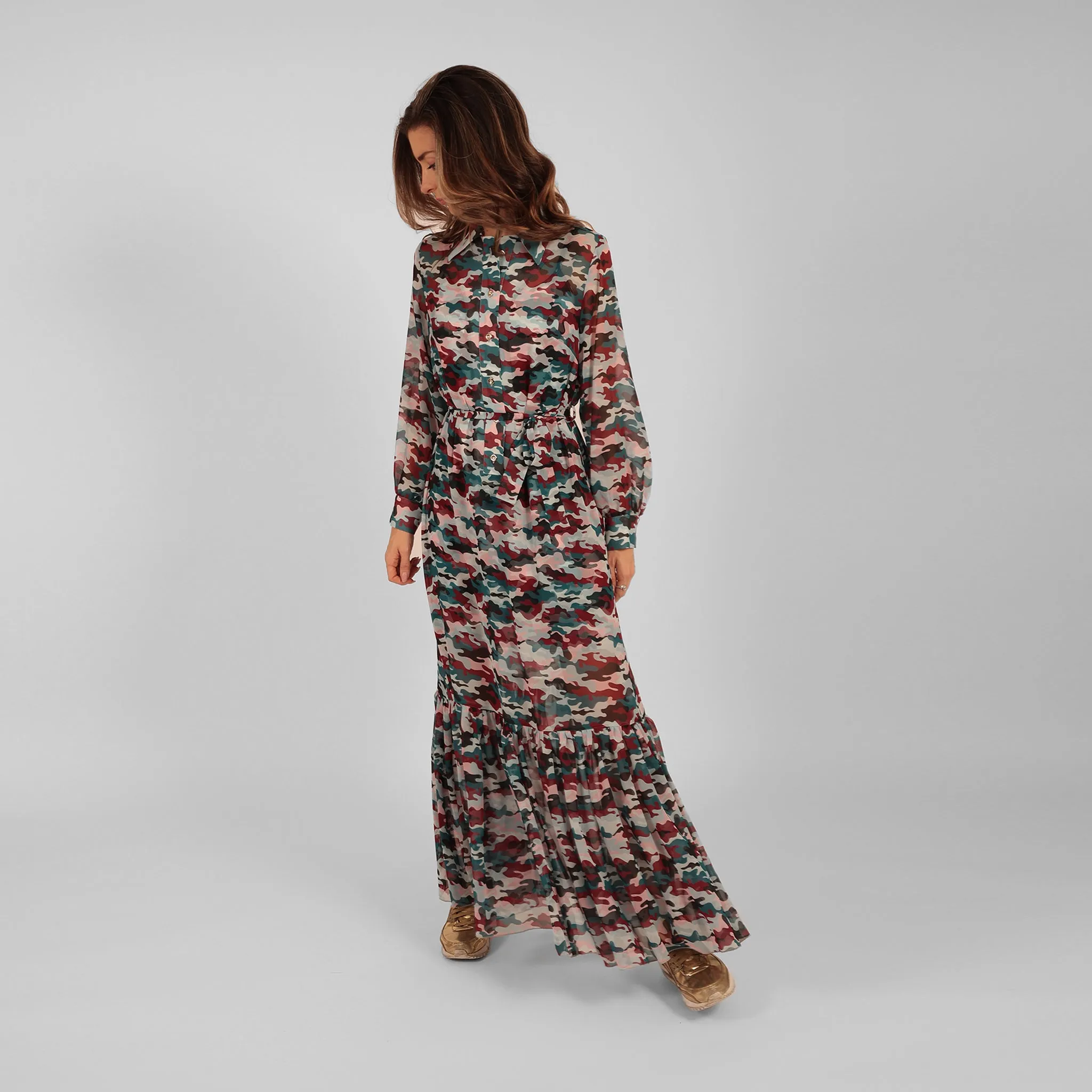 Ilu Long Sleeve Maxi Shirt Dress Sunset Camo