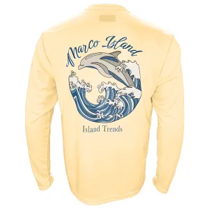 Island Trends Marco Island Dolphin Wave Long Sleeve Performance T-Shirt - Light Yellow