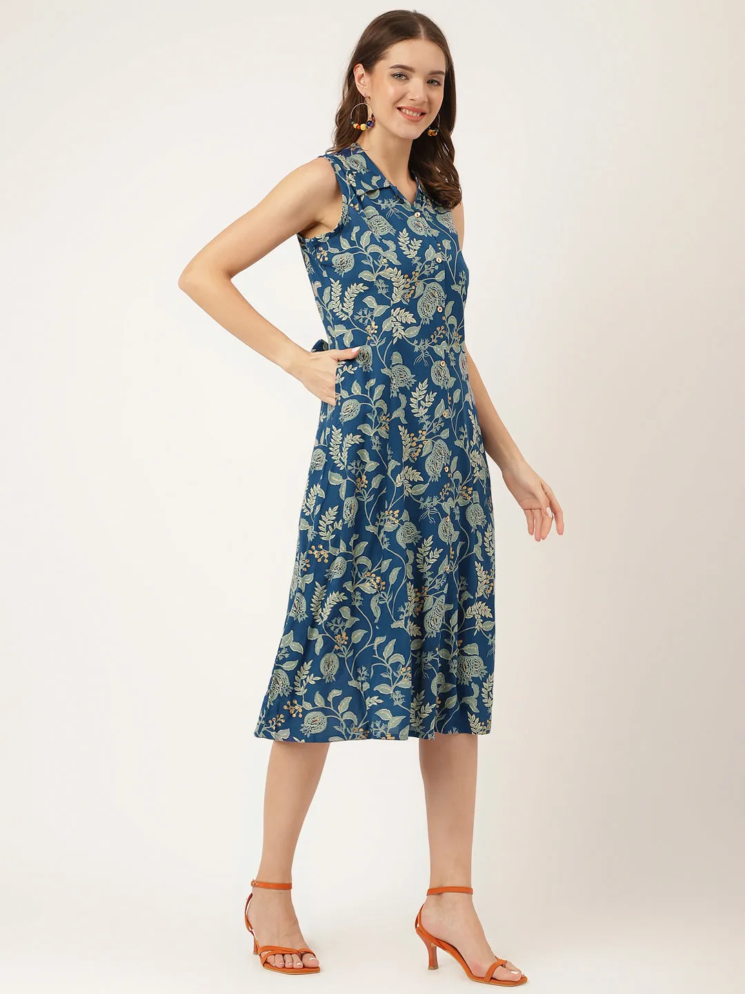 Jashvi Blue Floral Printed Rayon A-Line Midi Dress with Attached Sleeves for Women