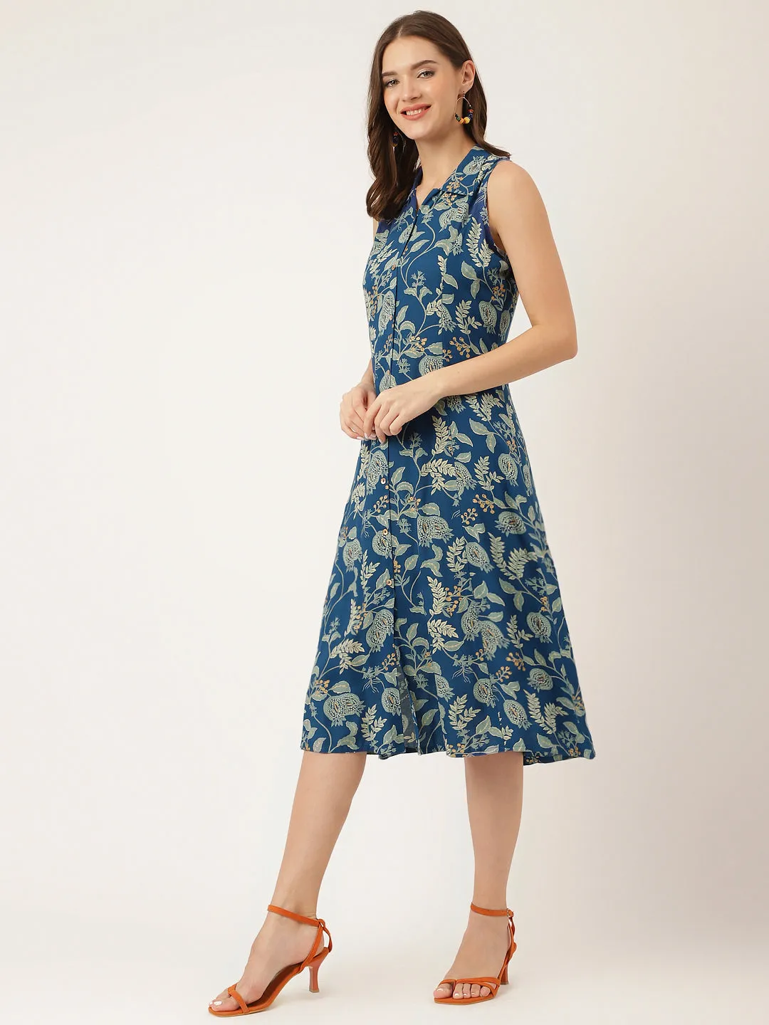 Jashvi Blue Floral Printed Rayon A-Line Midi Dress with Attached Sleeves for Women