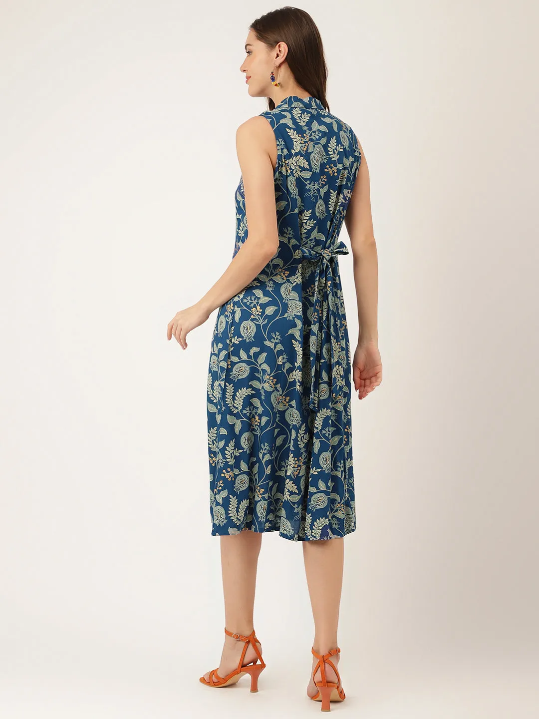 Jashvi Blue Floral Printed Rayon A-Line Midi Dress with Attached Sleeves for Women