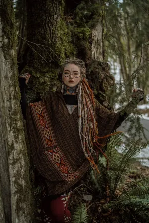 JHANA Hooded Wool Poncho Bronze Tribal Cashmere and Acrylic Wool Embroidery Pockets Boho Festival Alternative Shaman Primitive Hippie AJJAYA