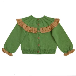 KALINKA Green Knitted Baby Cardigan with Ruffle Trim