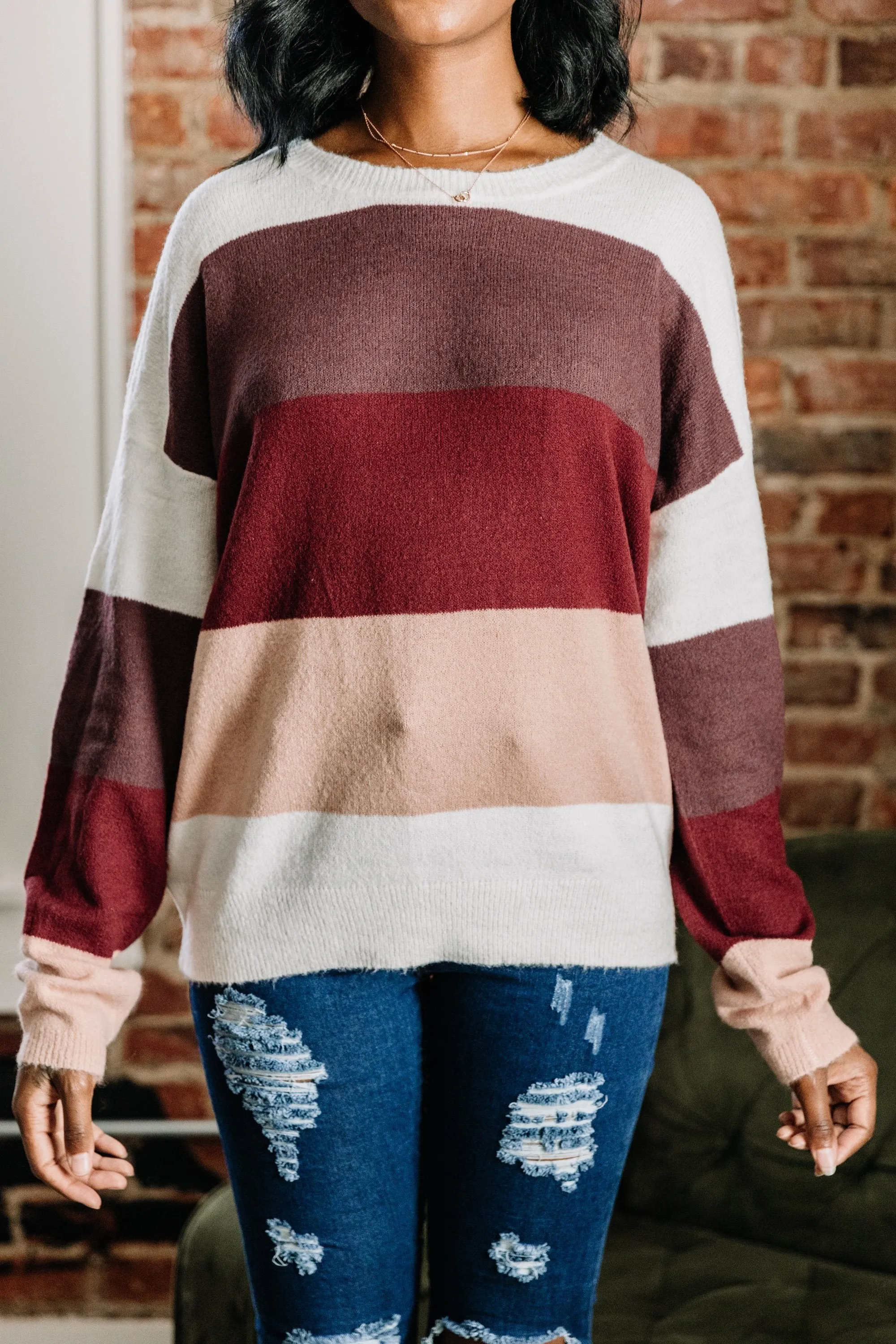 Keep Your Eyes On Me Burgundy Red Colorblock Sweater