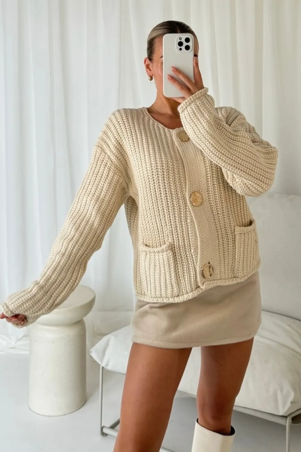 Kelly cream gold button knit cardigan