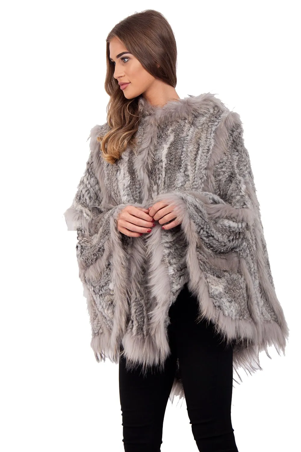 Knitted Rabbit Fur Hooded Swing Cape Poncho