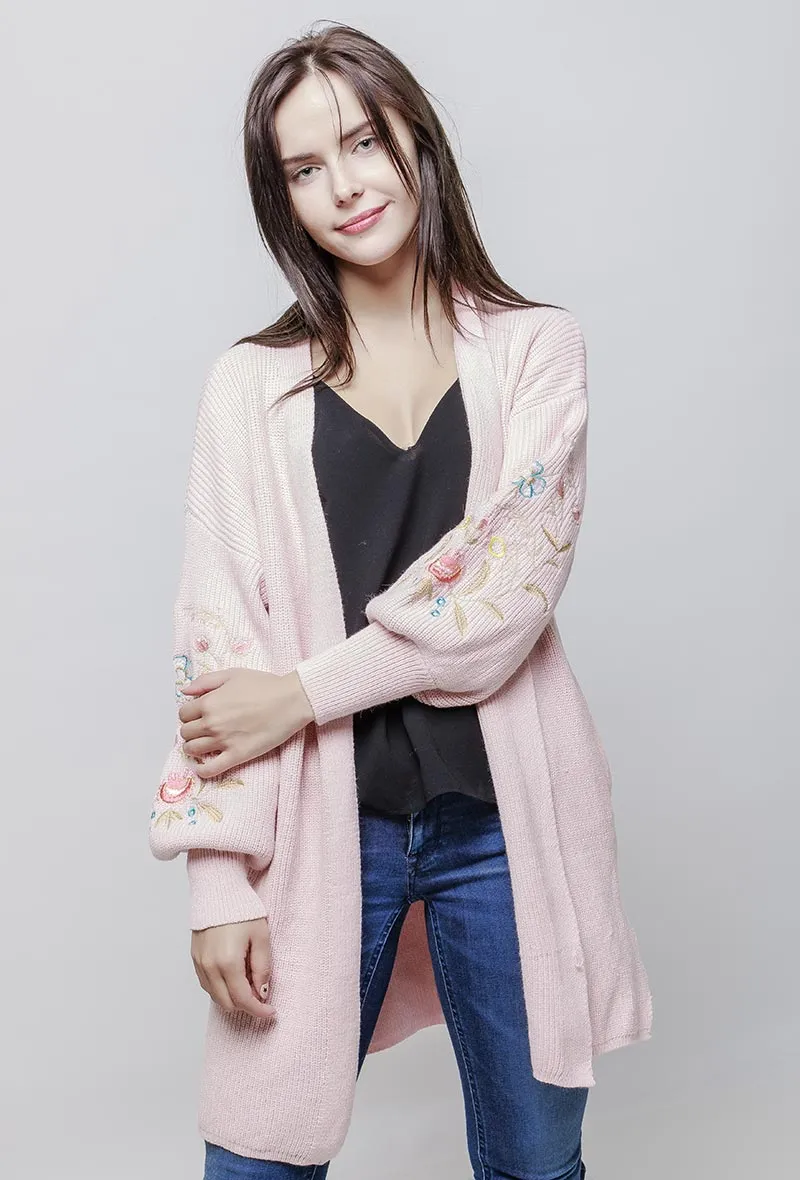 Long Floral Embroidered Cardigan Pink