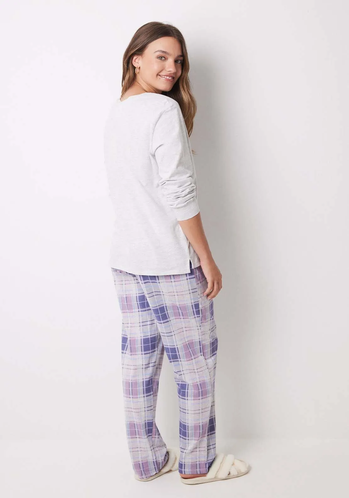 Long pajamas 100% cotton Snoopy checkered - Grey