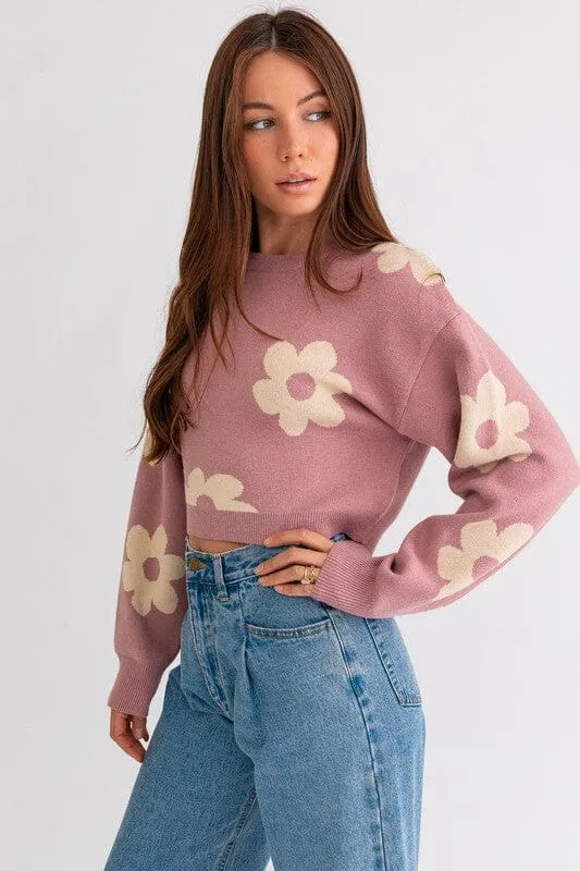 LONG SLEEVE CROP SWEATER WITH DAISY PATTERN