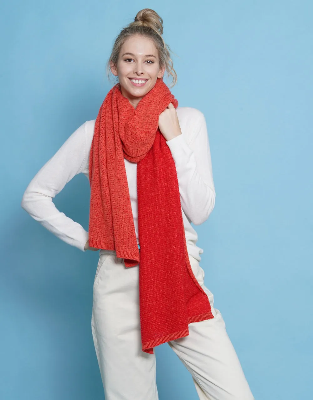 Loop Knit Two Toned Plaid Scarf in Orange