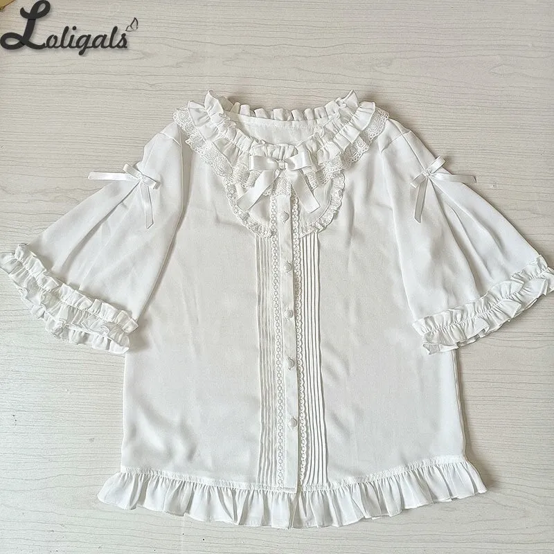 Loose Chiffon Shirt Short Sleeve White Lolita Blouse