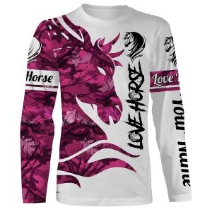 Love Horse Skull Pink Camo Shirts, Personalized Horse T Shirt Designs, Camo Long Sleeve, Gift For Horse Lovers