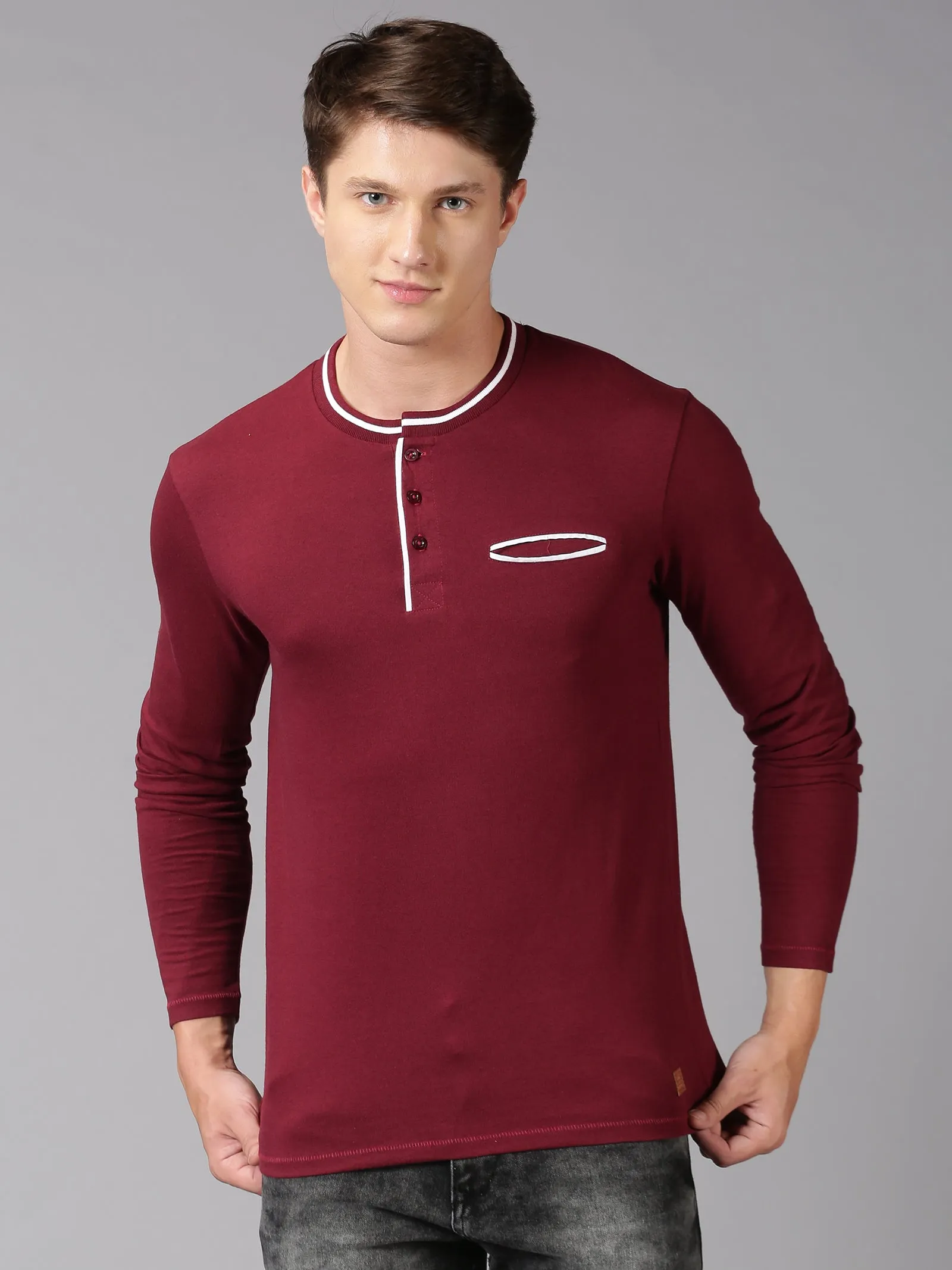 Men Maroon Plain Solid Trendy Neck Recycled Cotton Full Sleeve Regular Fit Casual T-Shirt with Pocket