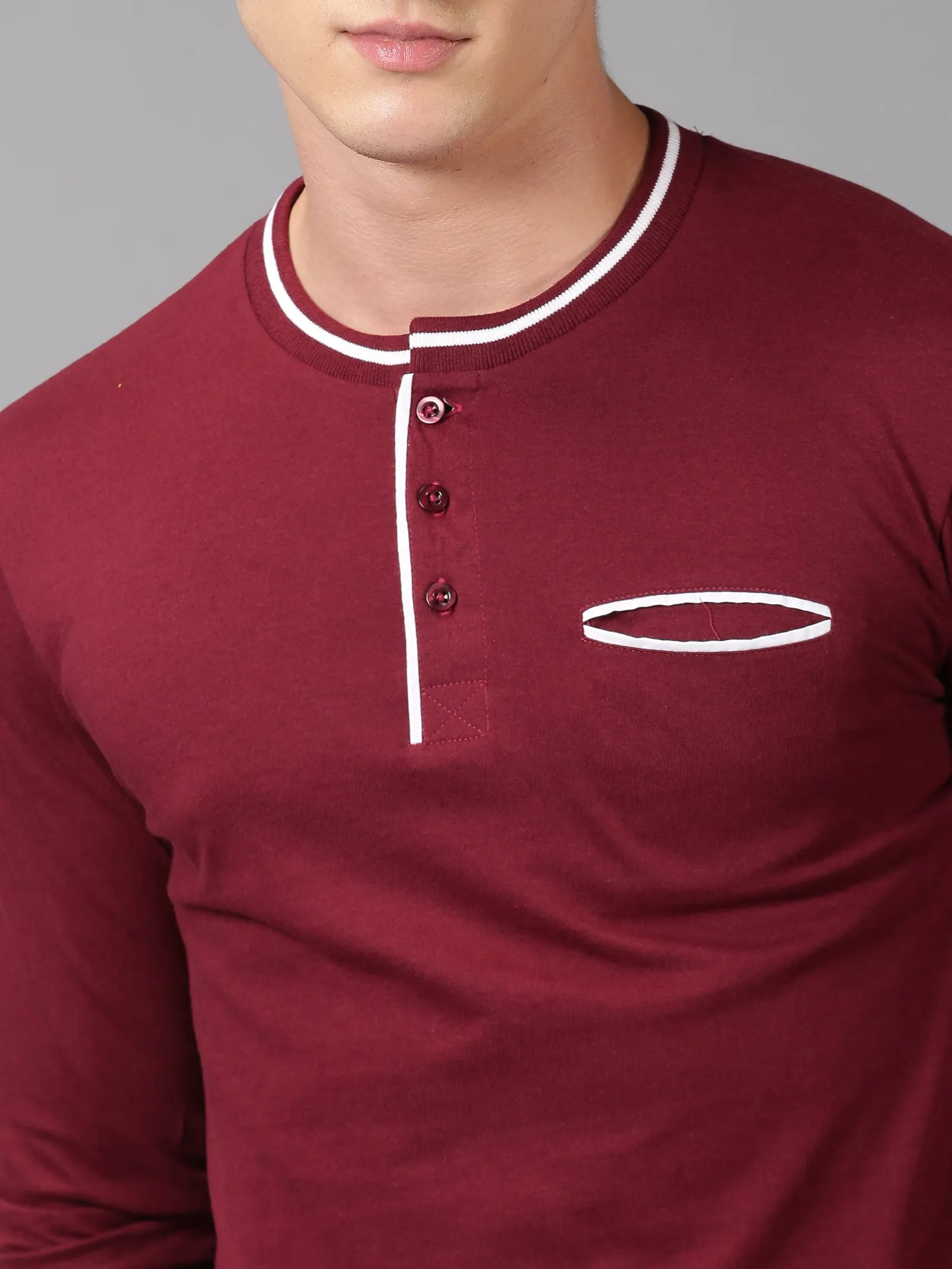 Men Maroon Plain Solid Trendy Neck Recycled Cotton Full Sleeve Regular Fit Casual T-Shirt with Pocket