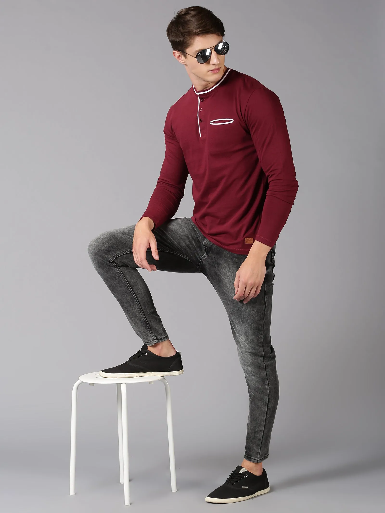 Men Maroon Plain Solid Trendy Neck Recycled Cotton Full Sleeve Regular Fit Casual T-Shirt with Pocket