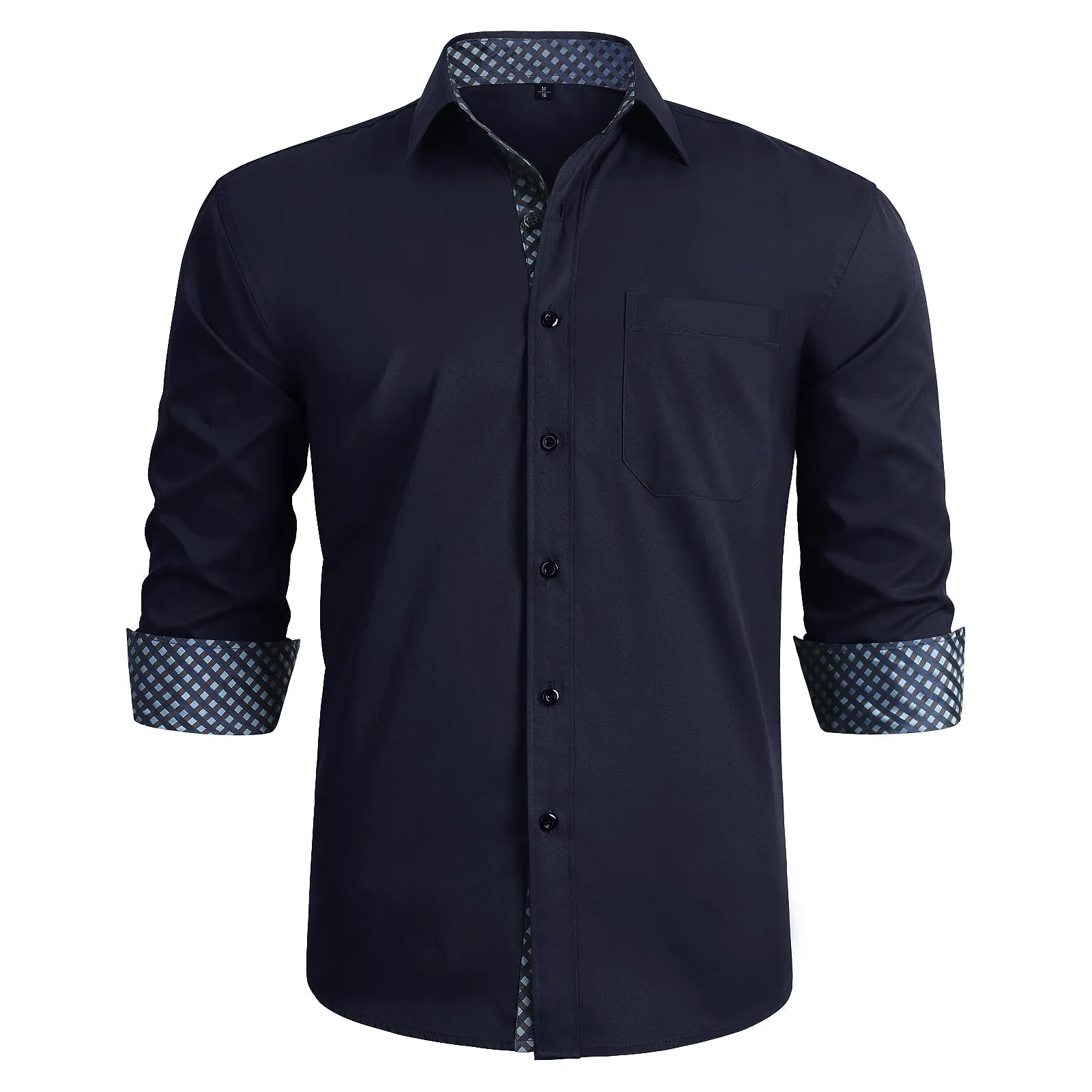 Men's Button Down Dress Shirt with Pocket - NAVY BLUE/BLUE