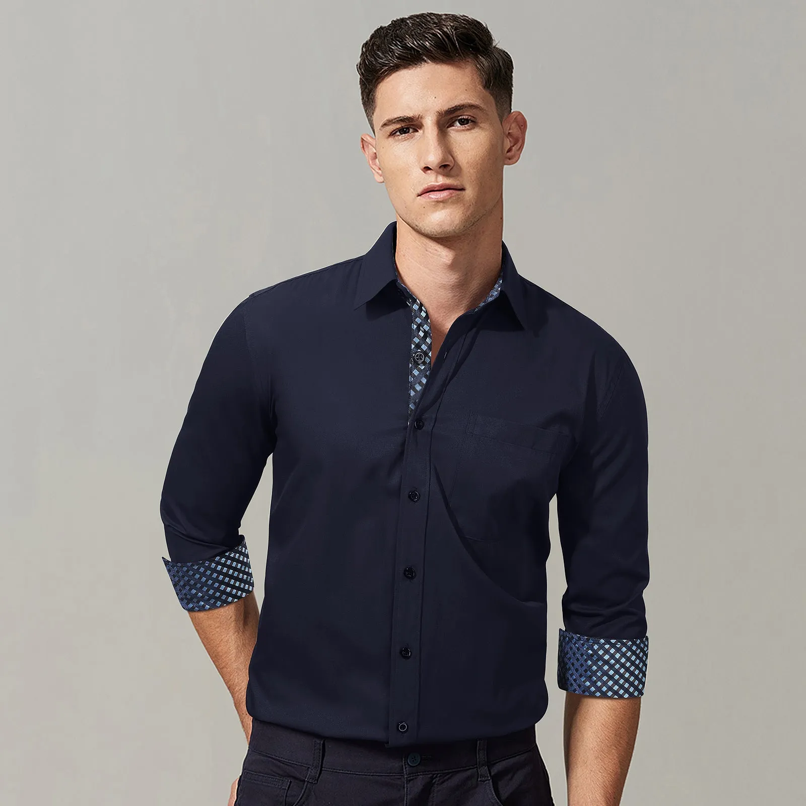 Men's Button Down Dress Shirt with Pocket - NAVY BLUE/BLUE