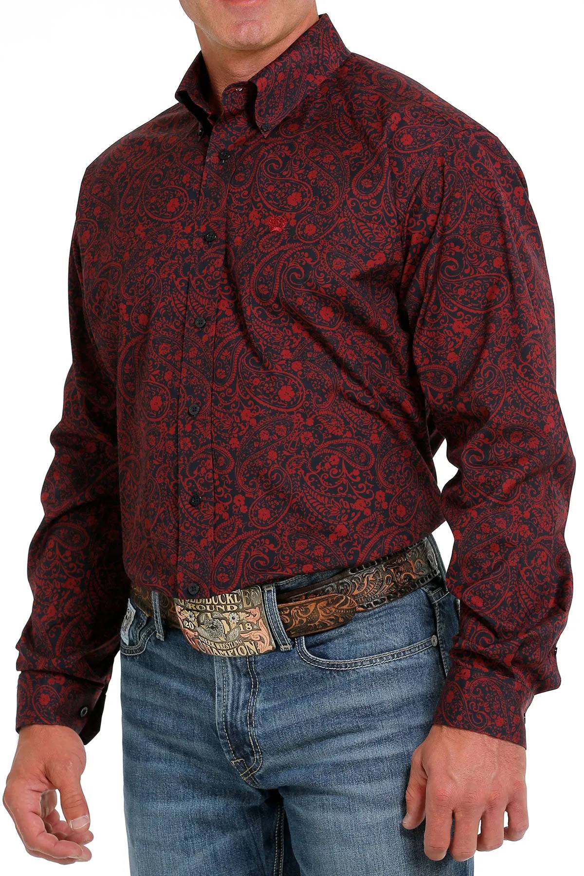 Men's Cinch Burgundy/Navy Paisley Long Sleeve Shirt - MTW1105626