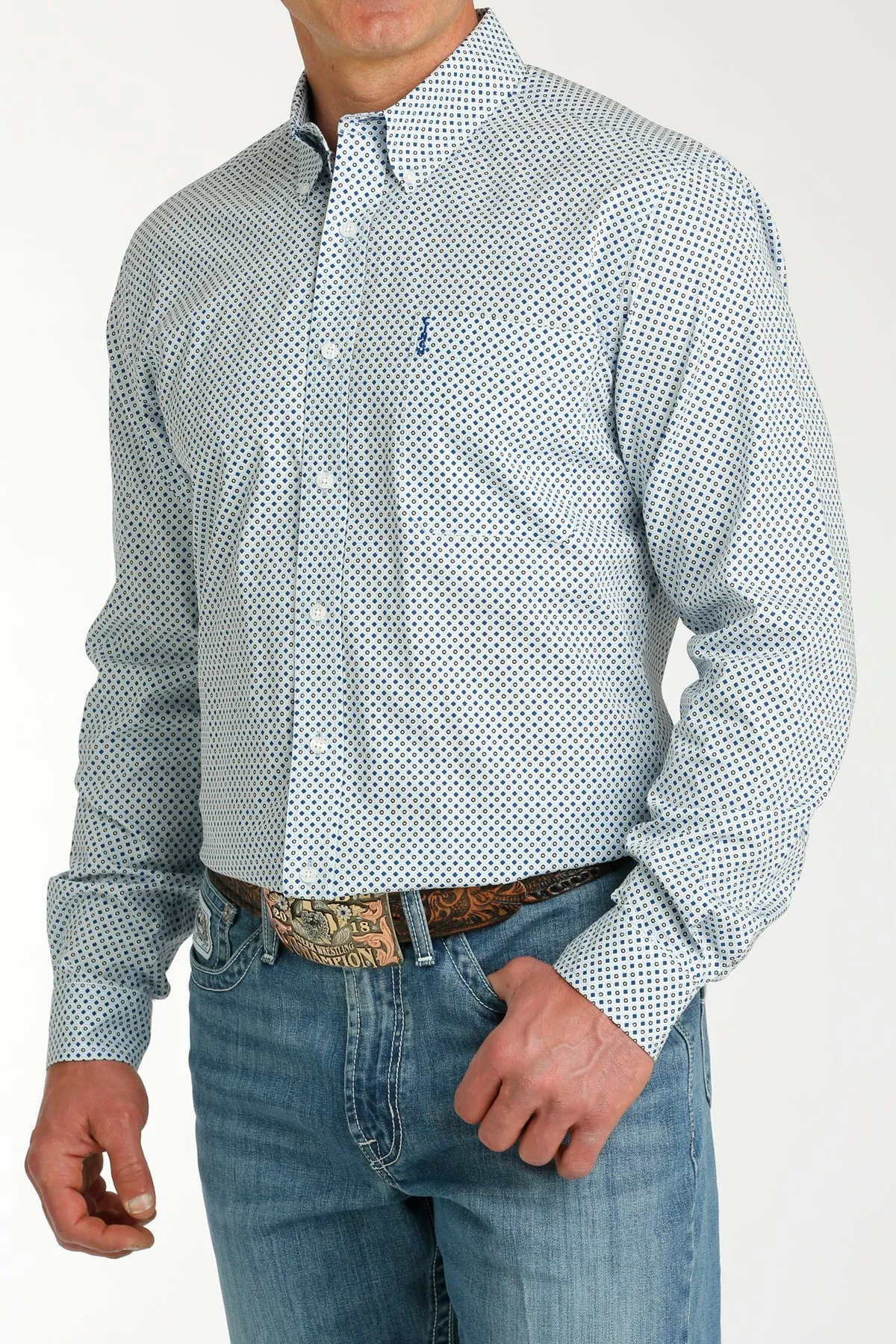 Men's Cinch Light Blue Print Modern Fit Long Sleeve Shirt - MTW1347104