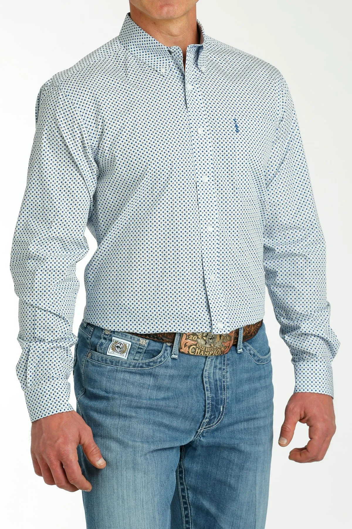 Men's Cinch Light Blue Print Modern Fit Long Sleeve Shirt - MTW1347104