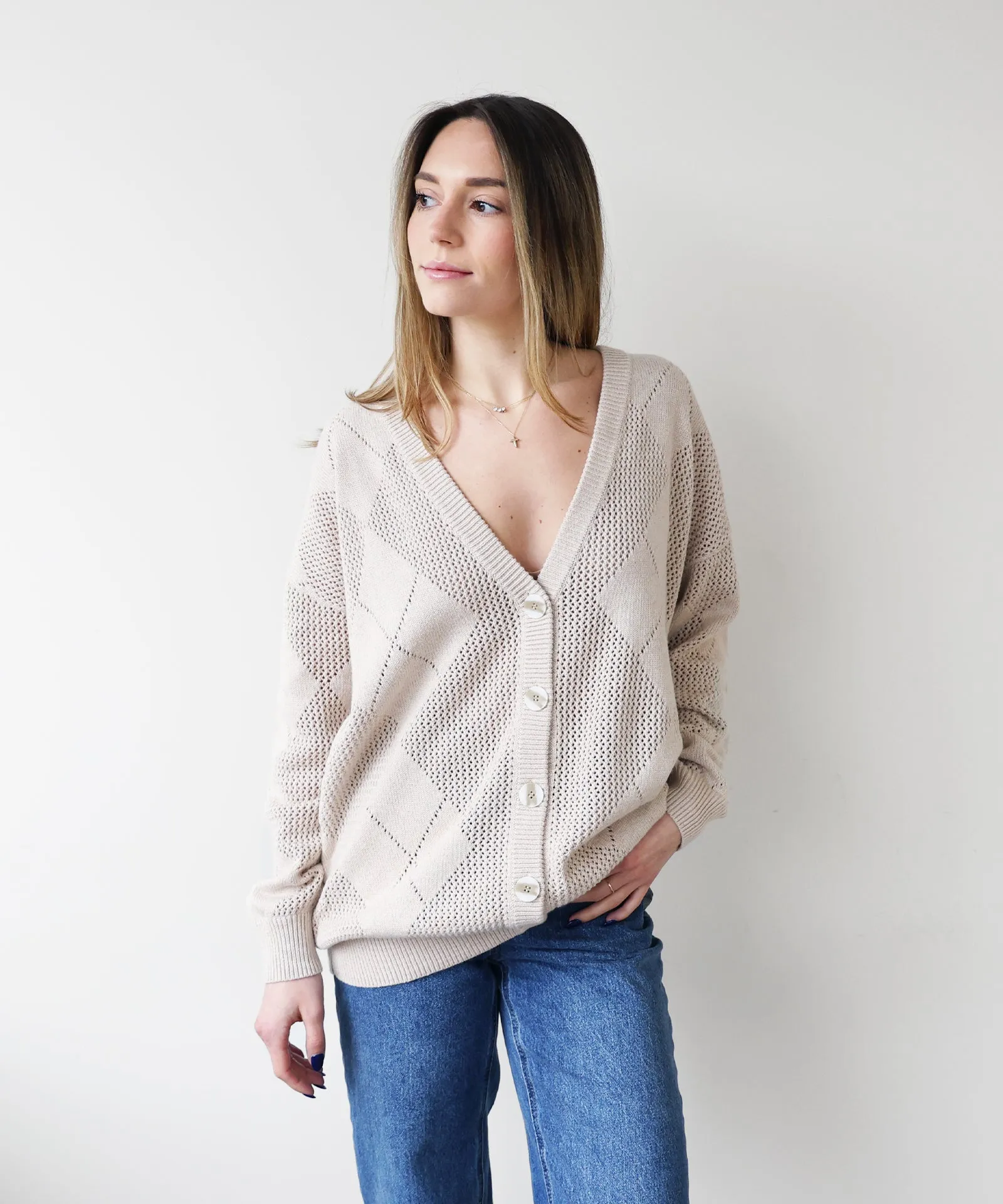 Modal Cashmere Argyle Pointelle Cardigan