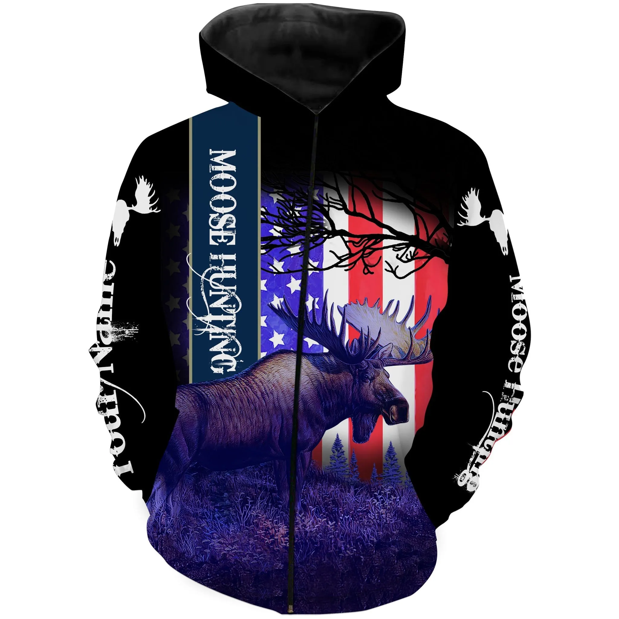 Moose Hunting American Flag Custom Name 3D All Over Print Hoodie Zip Hoodie