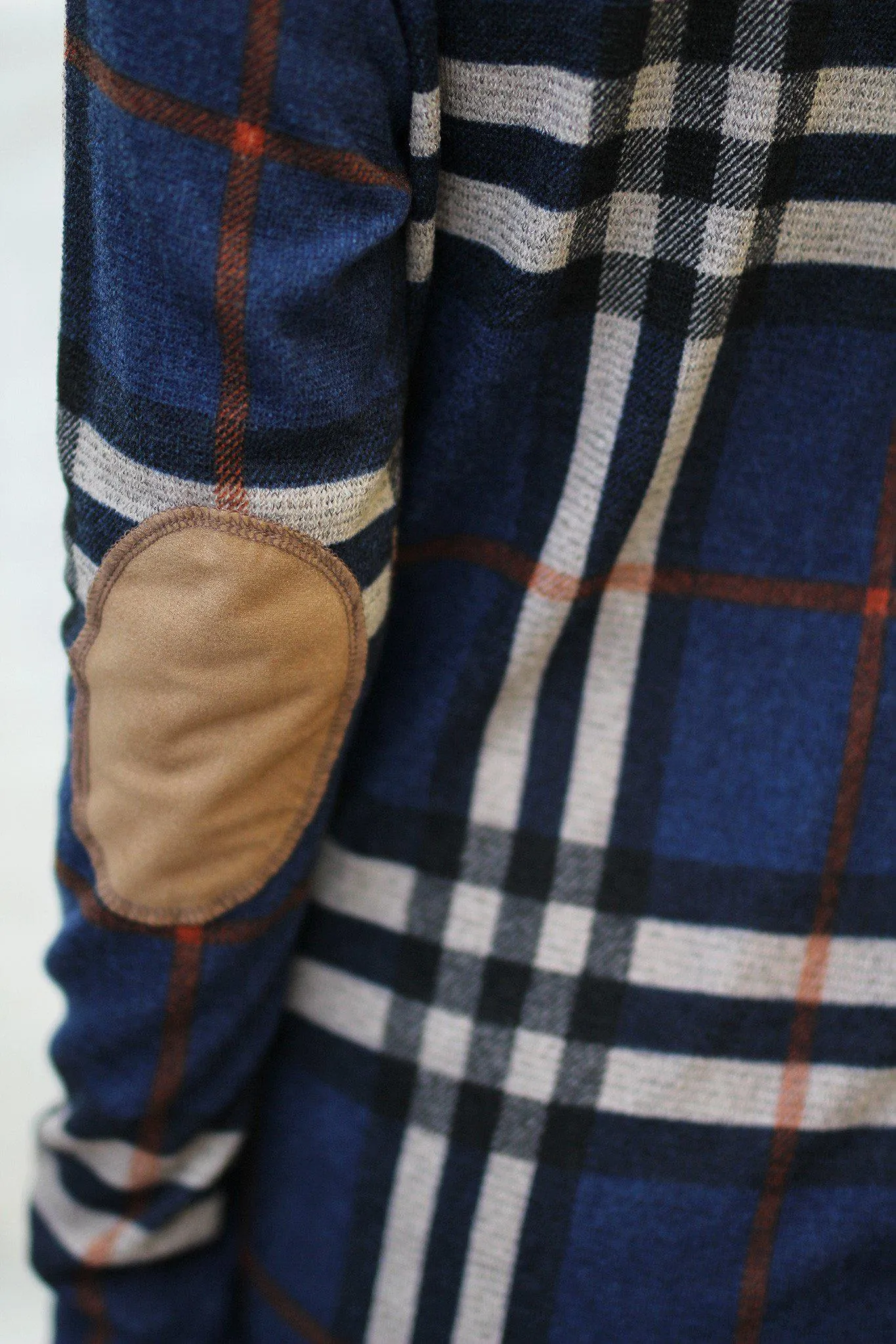 Navy Plaid Cardigan With Elbow Patches