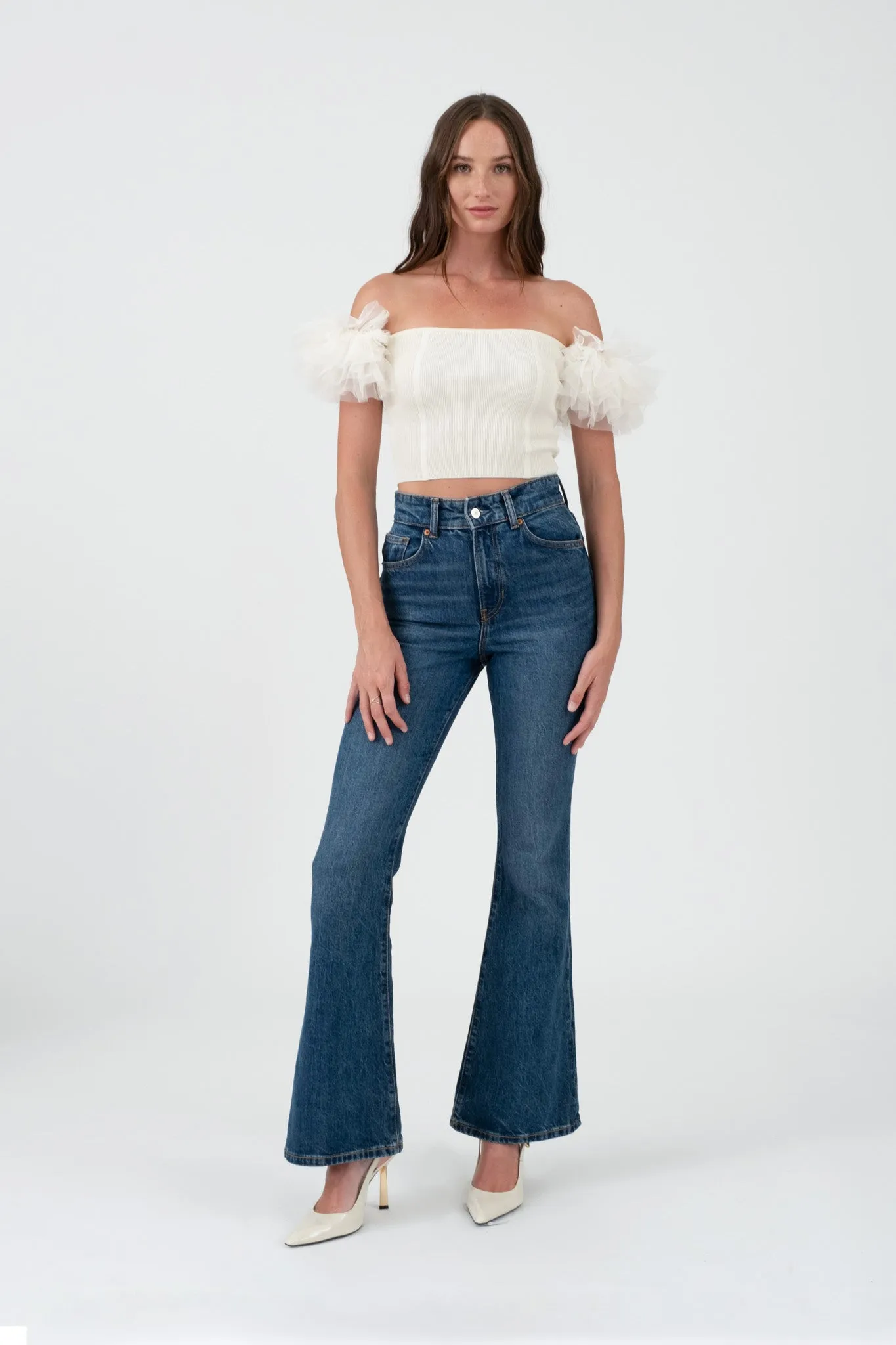 OFF THE SHOULDER TULLE SLEEVE KNIT CROP TOP