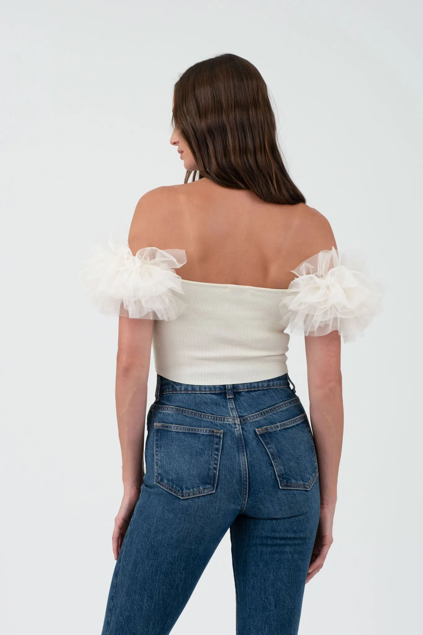 OFF THE SHOULDER TULLE SLEEVE KNIT CROP TOP