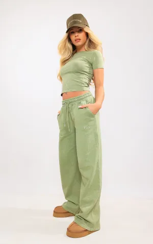 Olive Washed Oversized Low Rise Wide Leg Joggers