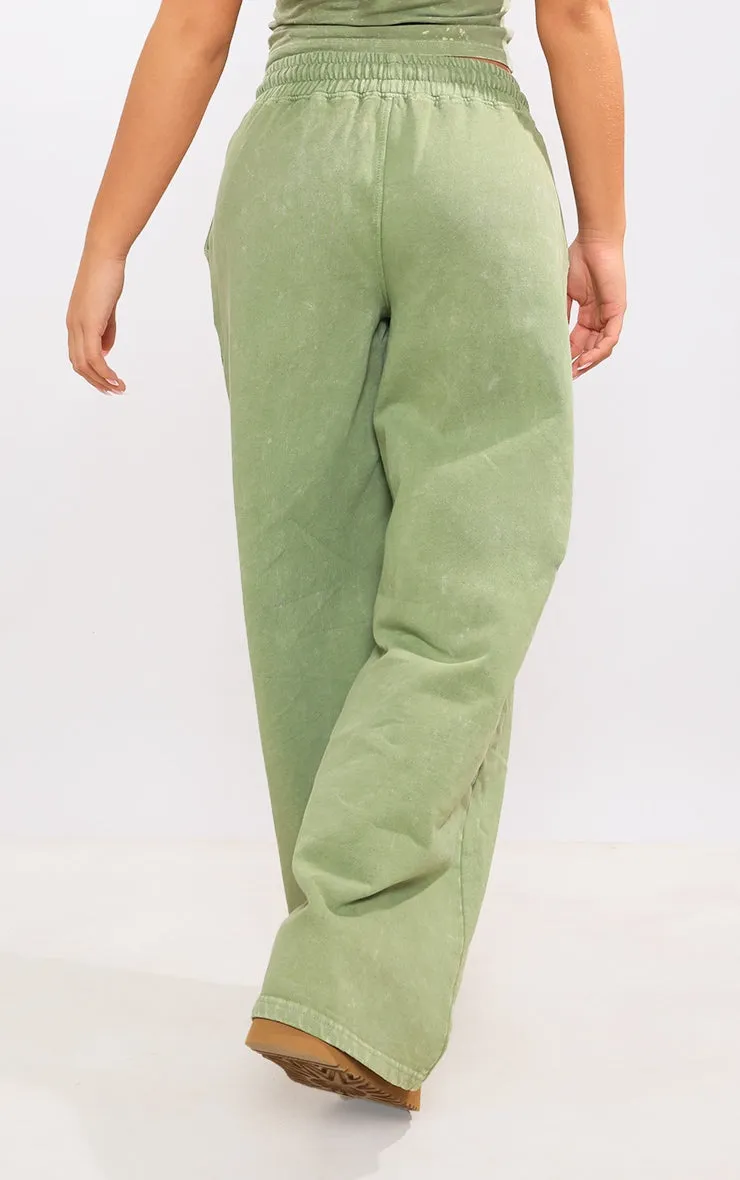 Olive Washed Oversized Low Rise Wide Leg Joggers