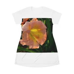 Peach and Yellow Flower All Over Print T-Shirt Dress