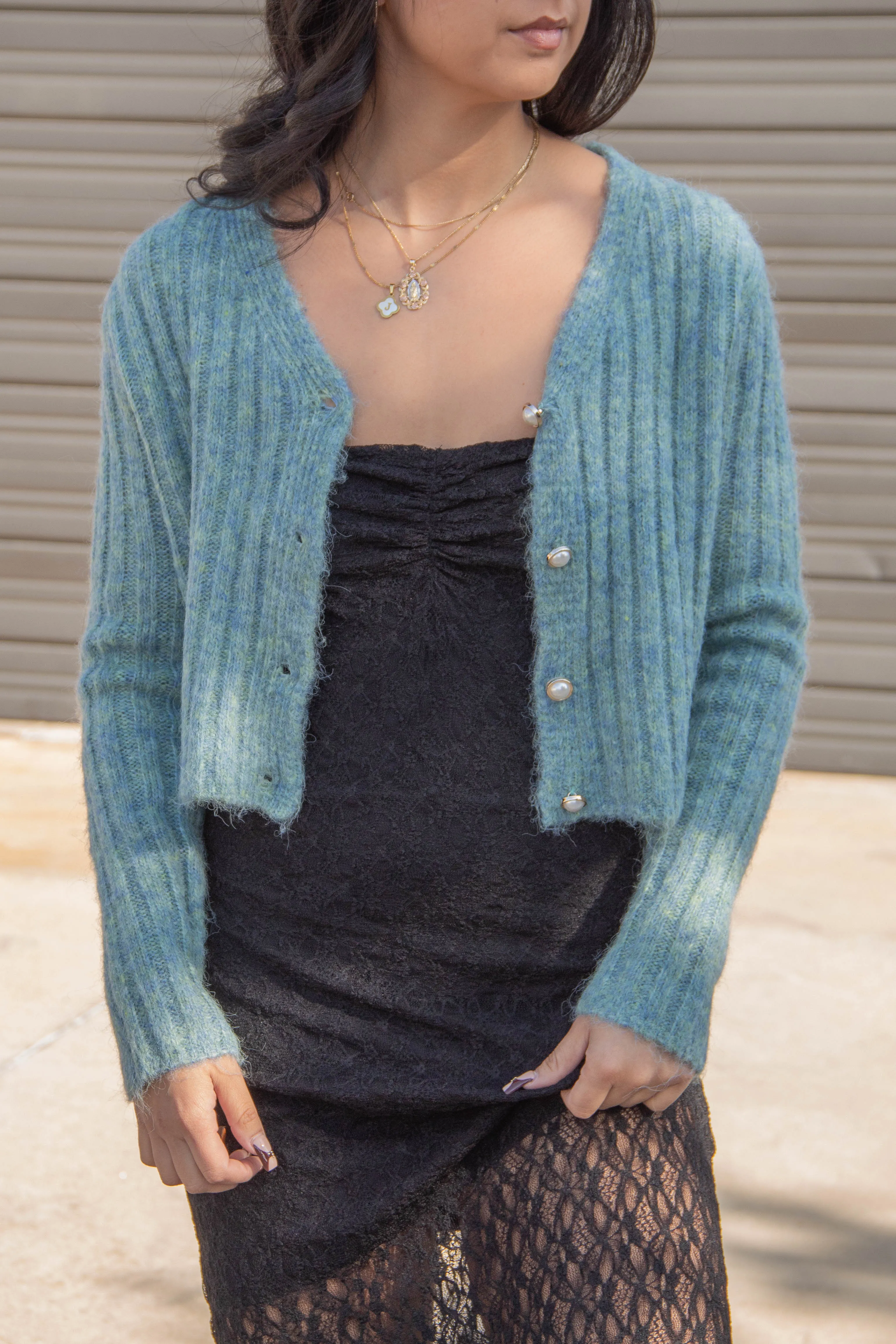 Pearl Button Ribbed Knit Cardigan