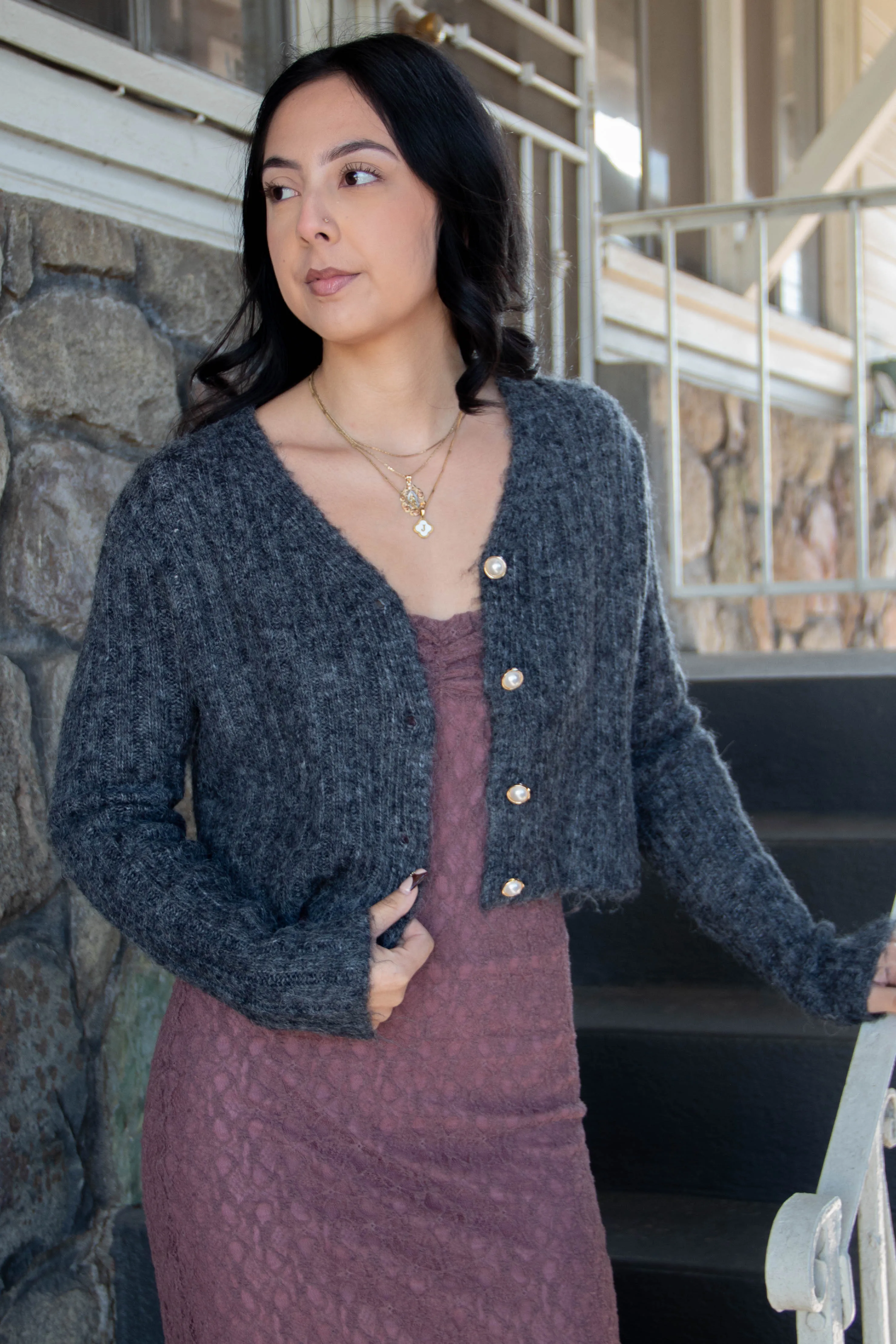 Pearl Button Ribbed Knit Cardigan