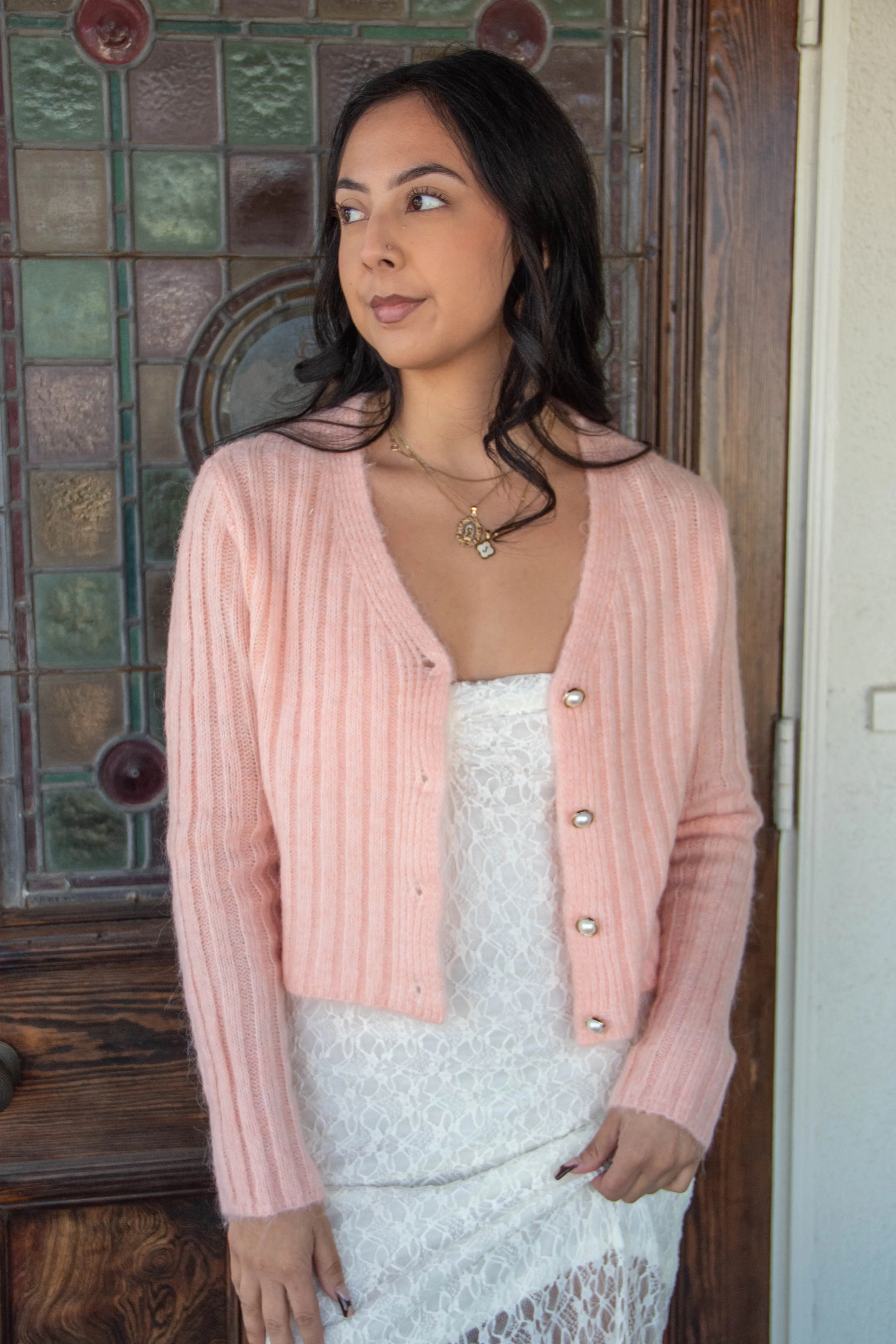 Pearl Button Ribbed Knit Cardigan