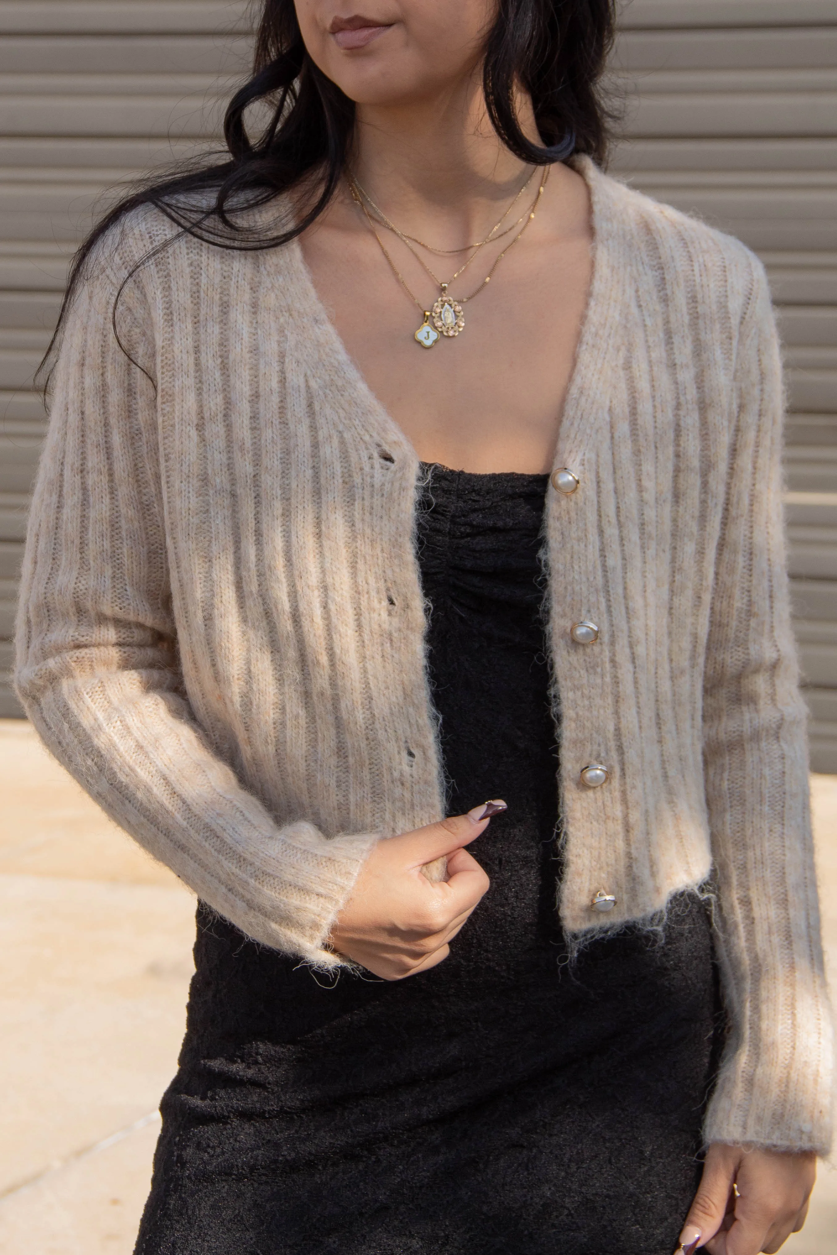 Pearl Button Ribbed Knit Cardigan