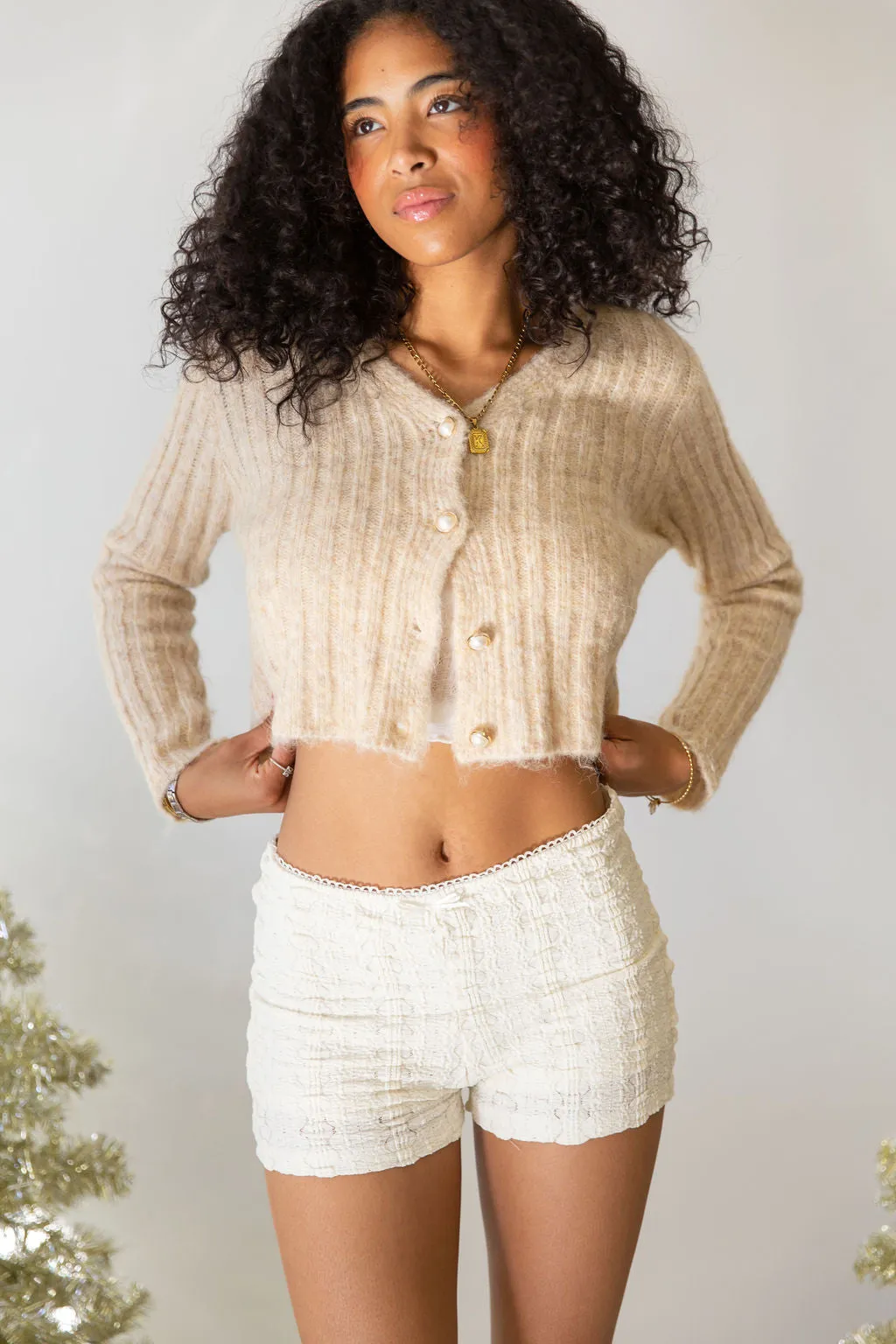 Pearl Button Ribbed Knit Cardigan