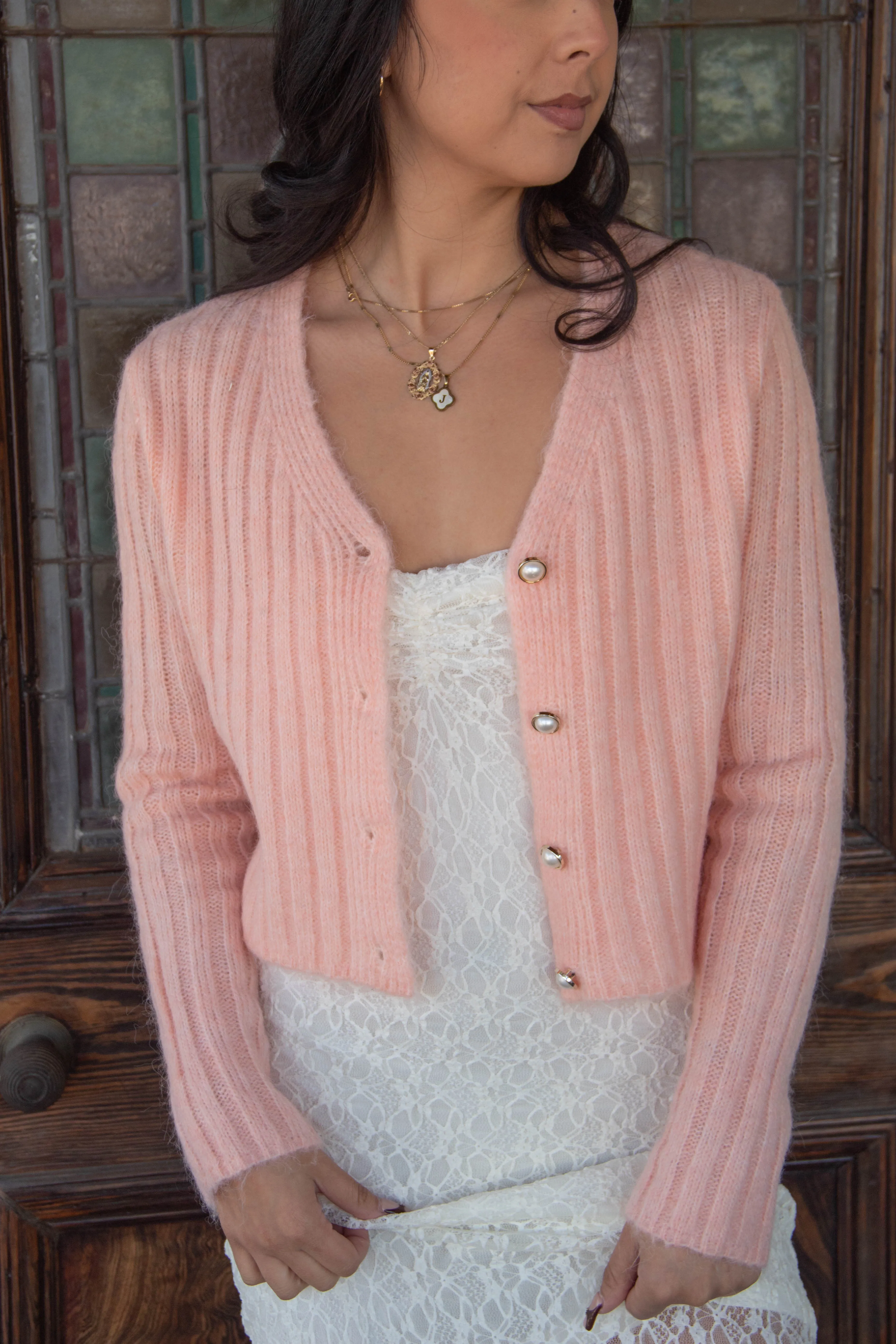 Pearl Button Ribbed Knit Cardigan