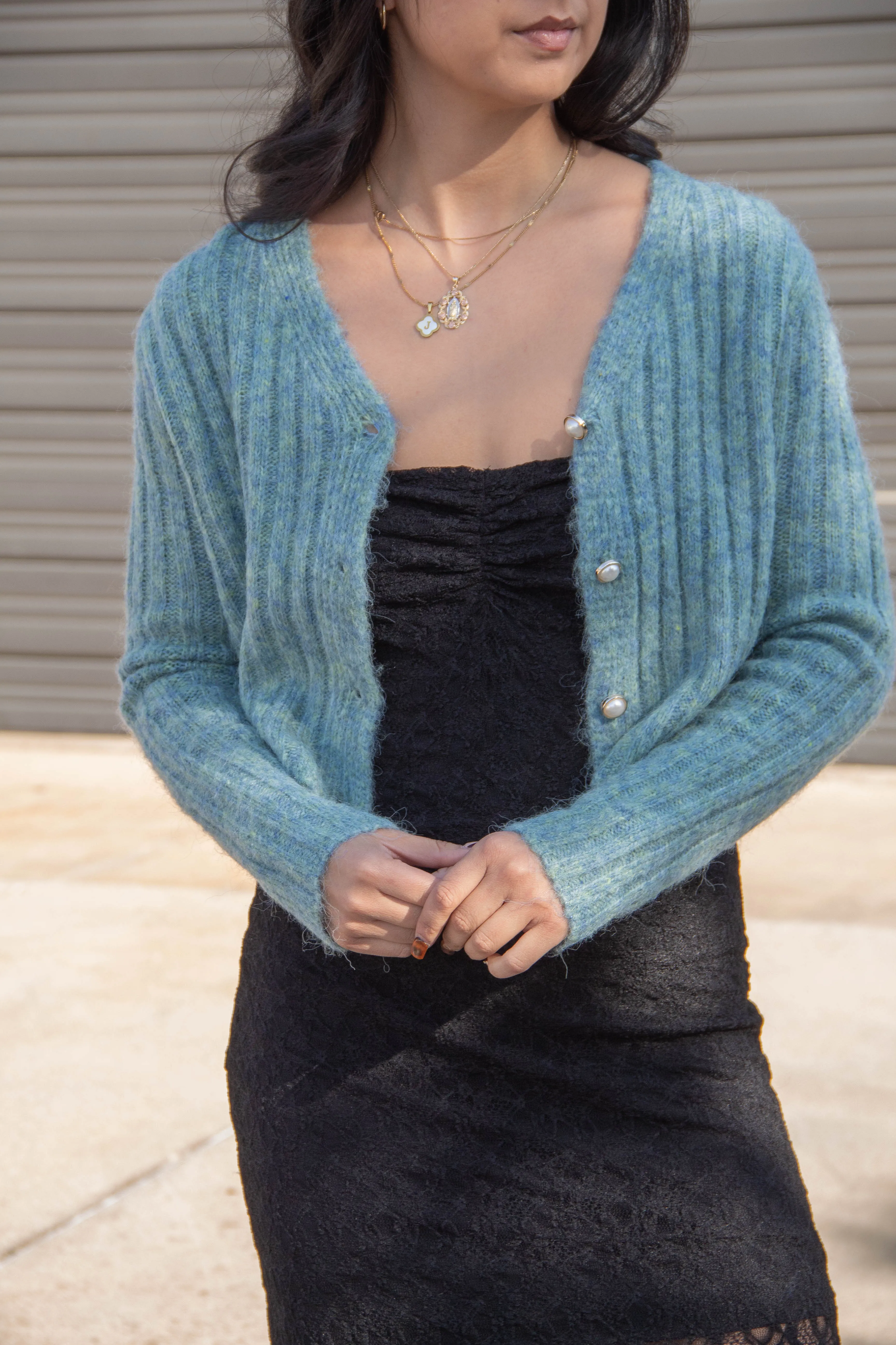 Pearl Button Ribbed Knit Cardigan