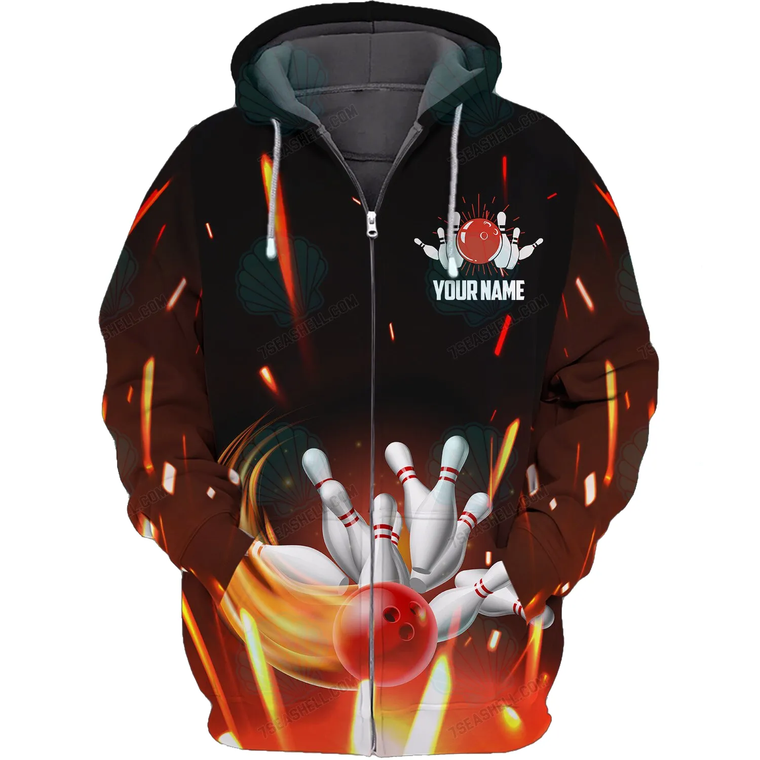 Personalized Men Bowling Polo Shirt Flame Bowling Ball and Pins Sweatshirt for Men Bowlers 3D Hoodie