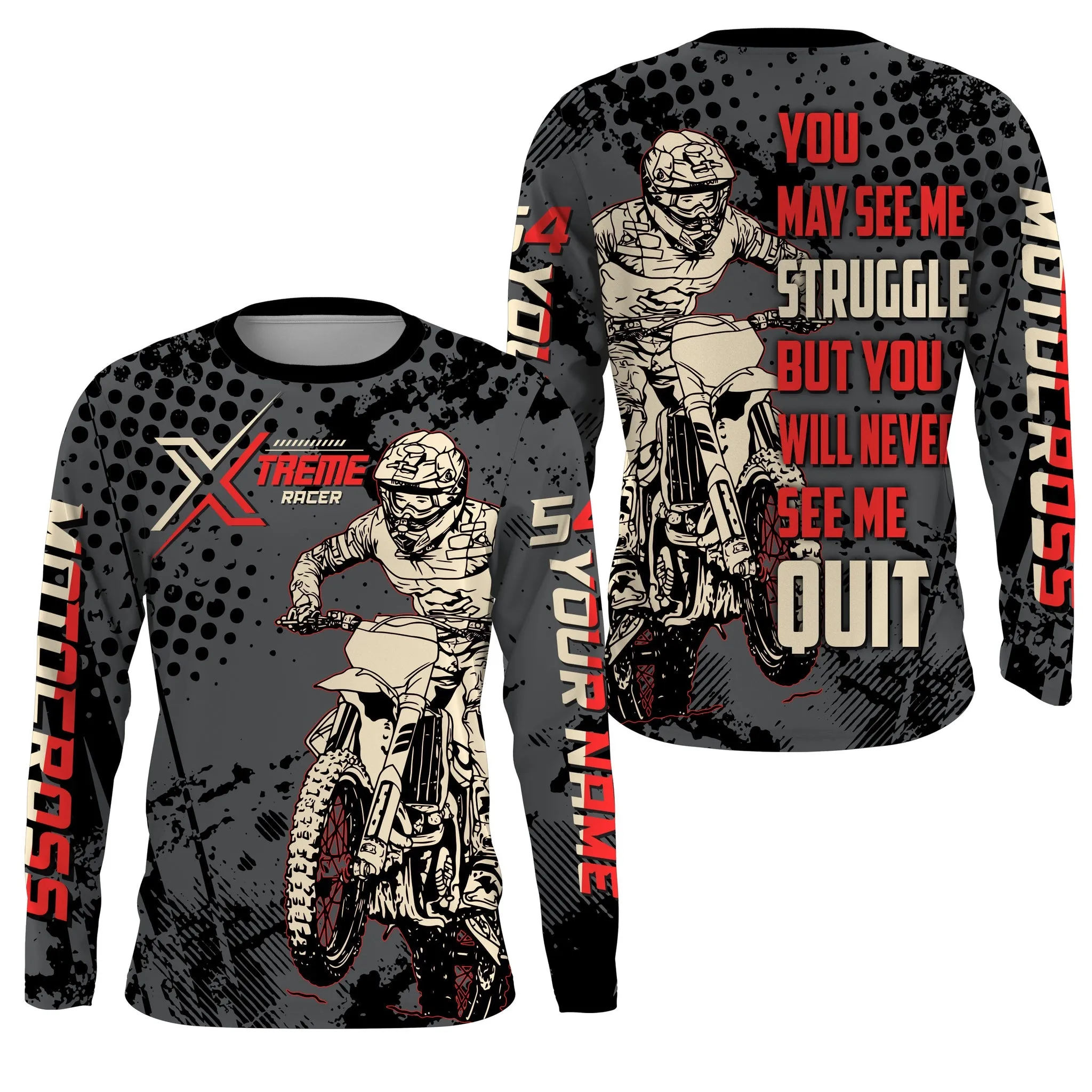 Personalized Motocross 3D Long Sleeve, Never Quit Dirt Bike Off-Road Riders Racewear