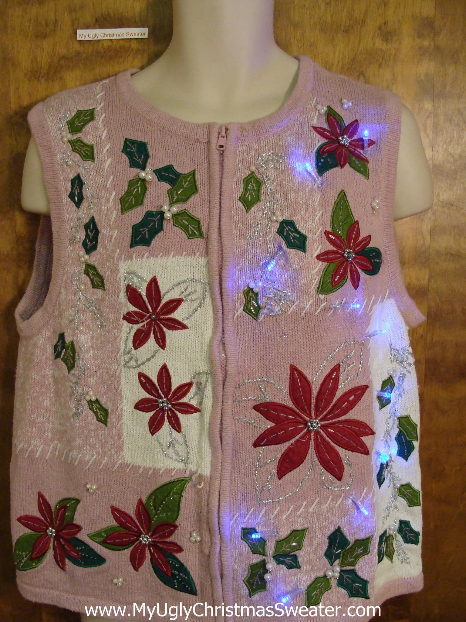 Pink Poinsettia Light Up Ugly Xmas Sweater Vest