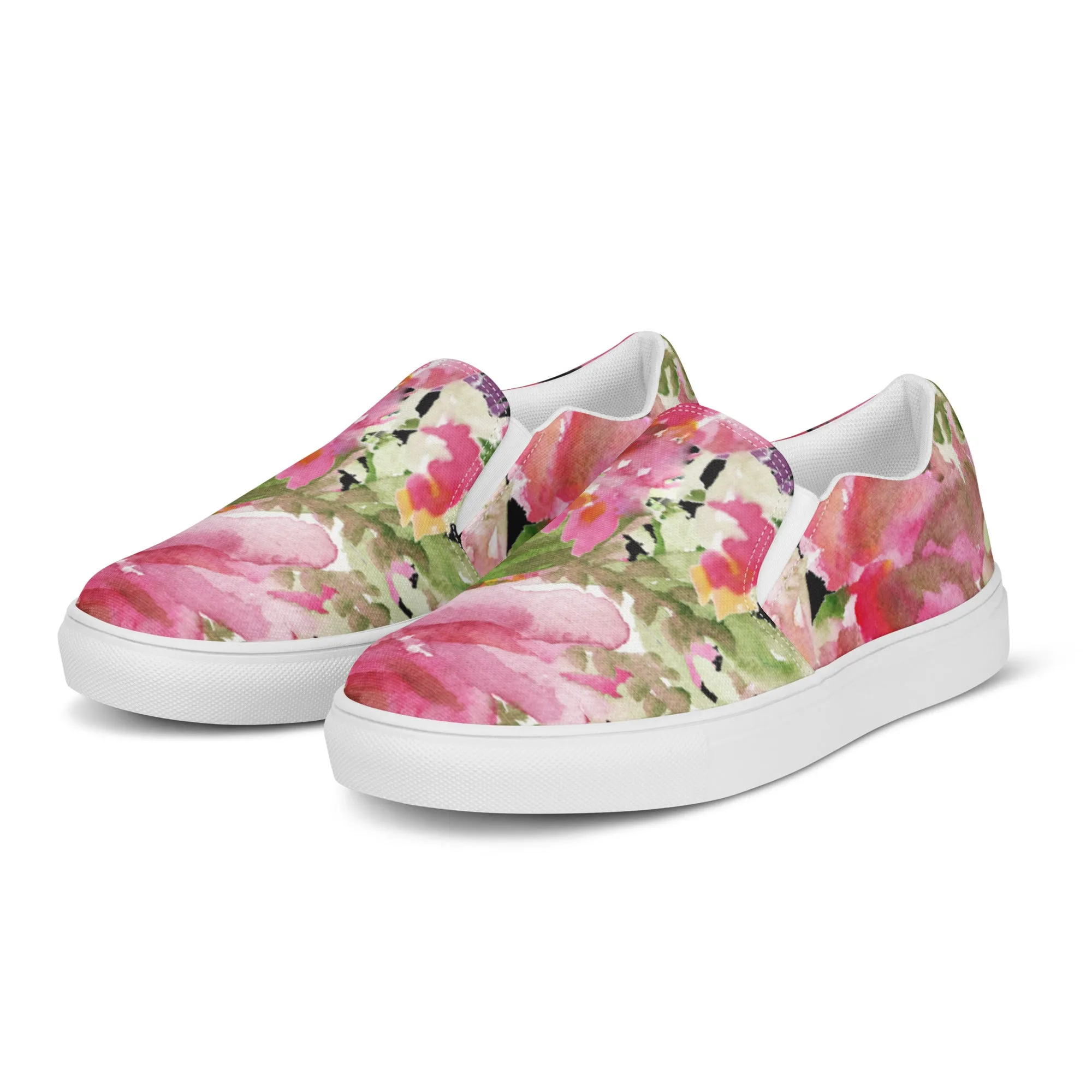 Pink Rose Women's Slip Ons, Pink Rose Floral Flower Print Women’s Slip-On Canvas Shoes (US Size: 5-12)