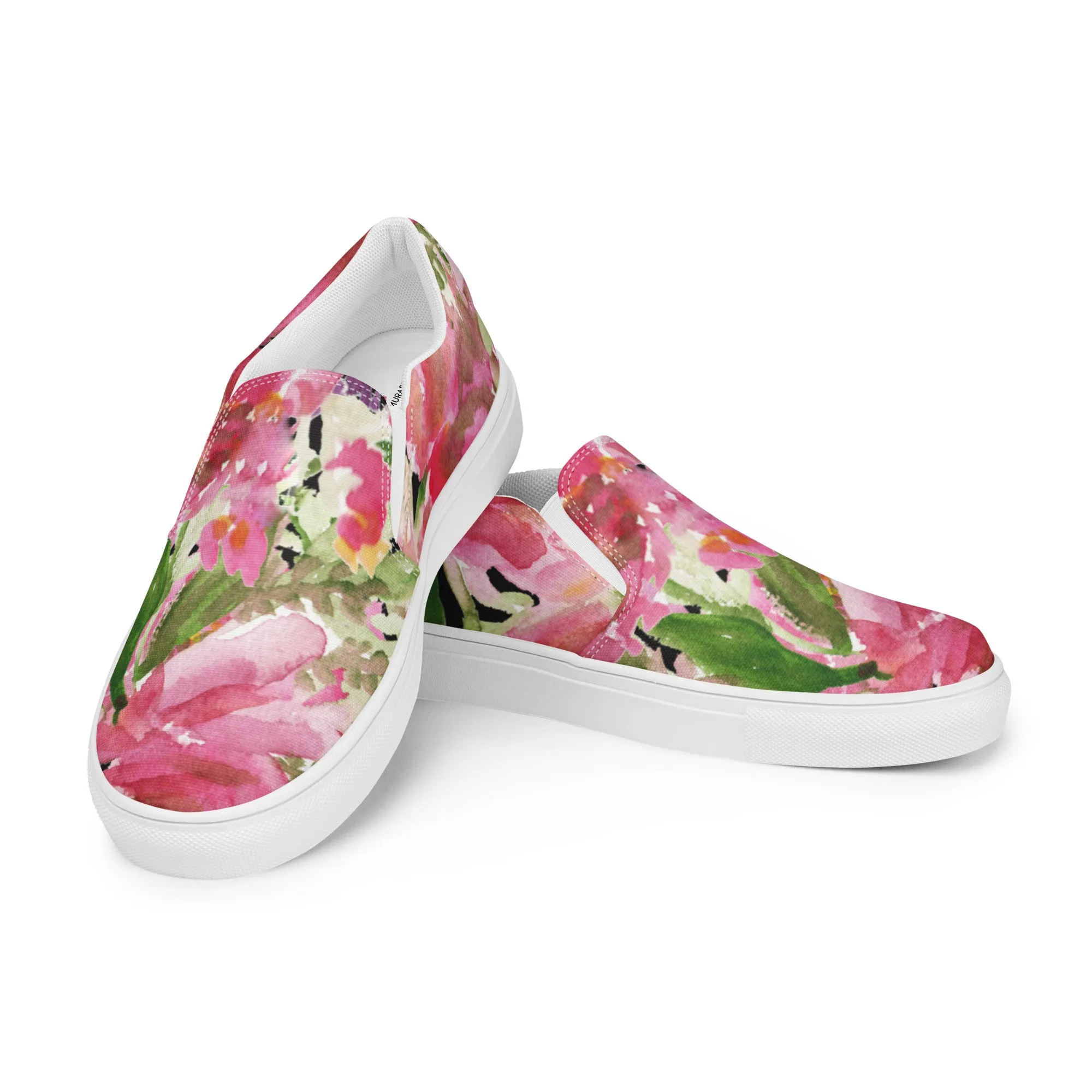 Pink Rose Women's Slip Ons, Pink Rose Floral Flower Print Women’s Slip-On Canvas Shoes (US Size: 5-12)