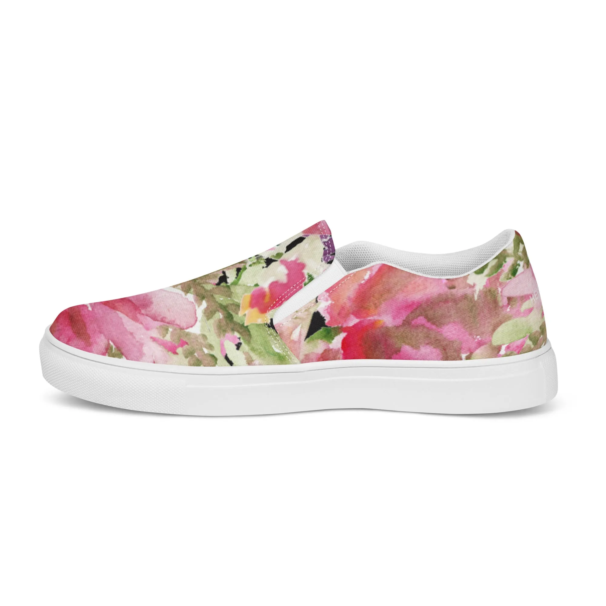 Pink Rose Women's Slip Ons, Pink Rose Floral Flower Print Women’s Slip-On Canvas Shoes (US Size: 5-12)