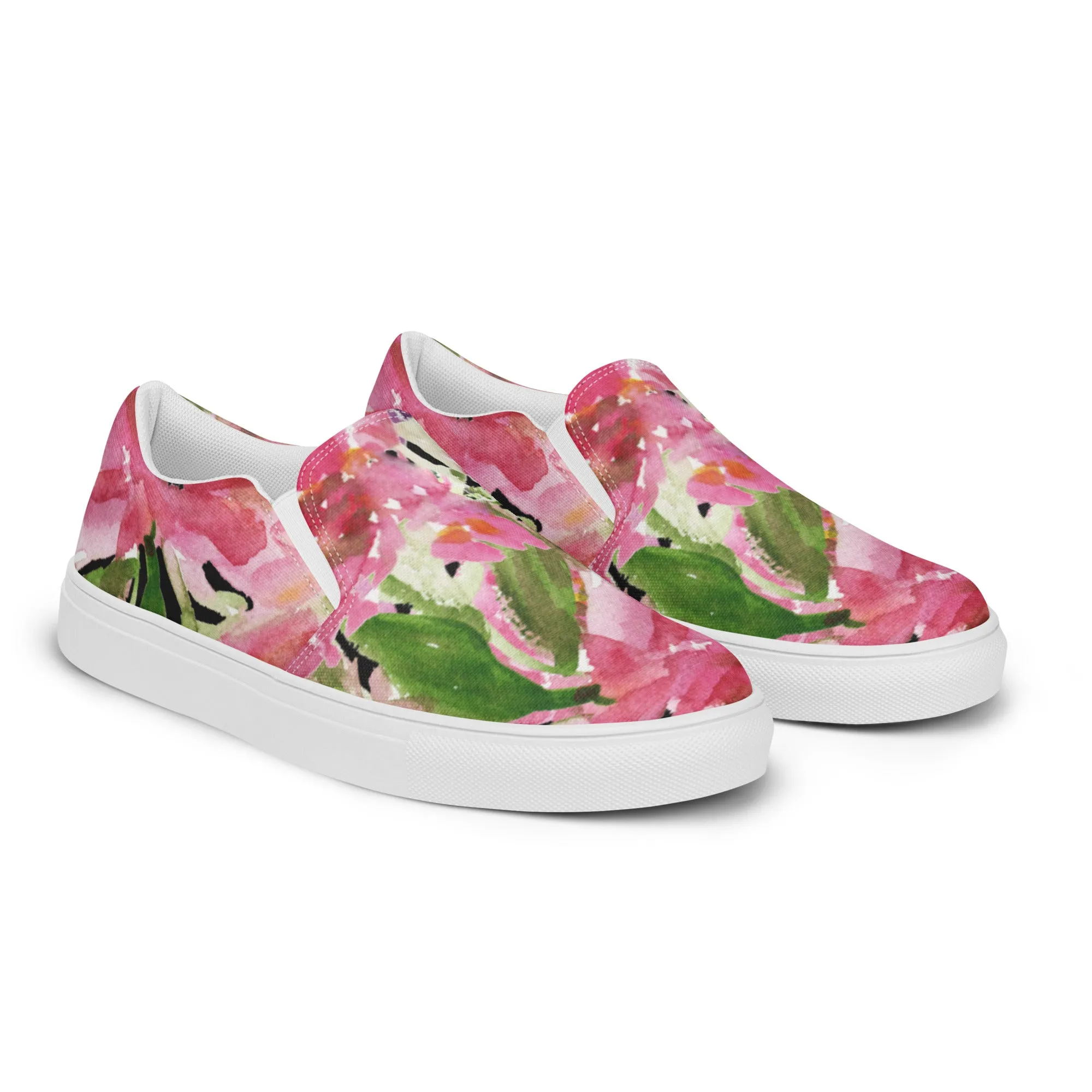 Pink Rose Women's Slip Ons, Pink Rose Floral Flower Print Women’s Slip-On Canvas Shoes (US Size: 5-12)