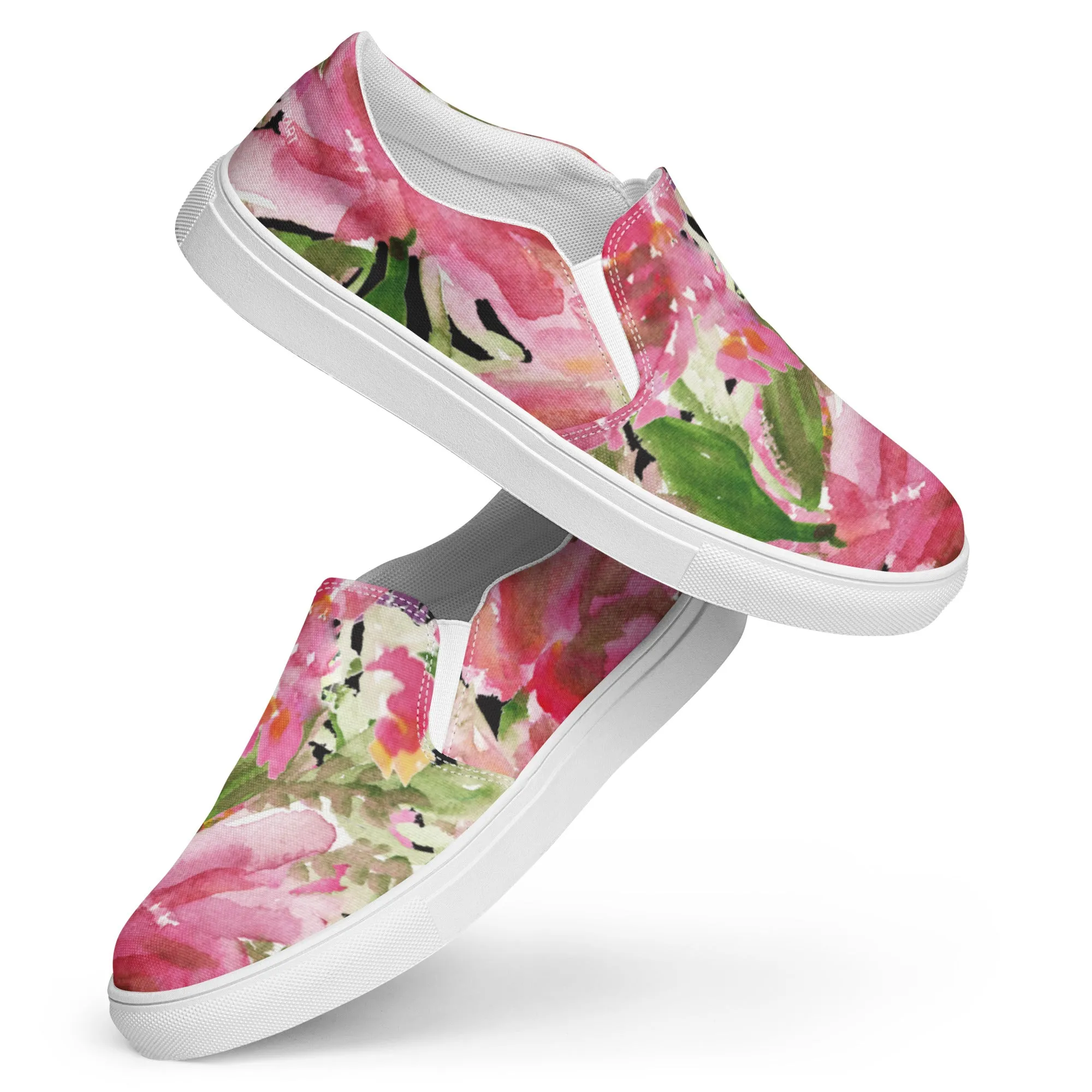 Pink Rose Women's Slip Ons, Pink Rose Floral Flower Print Women’s Slip-On Canvas Shoes (US Size: 5-12)