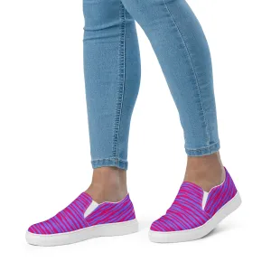 Pink Striped Women's Slip On, Purple Pink Striped Print Women’s Slip-On Canvas Shoes (US Size: 5-12)