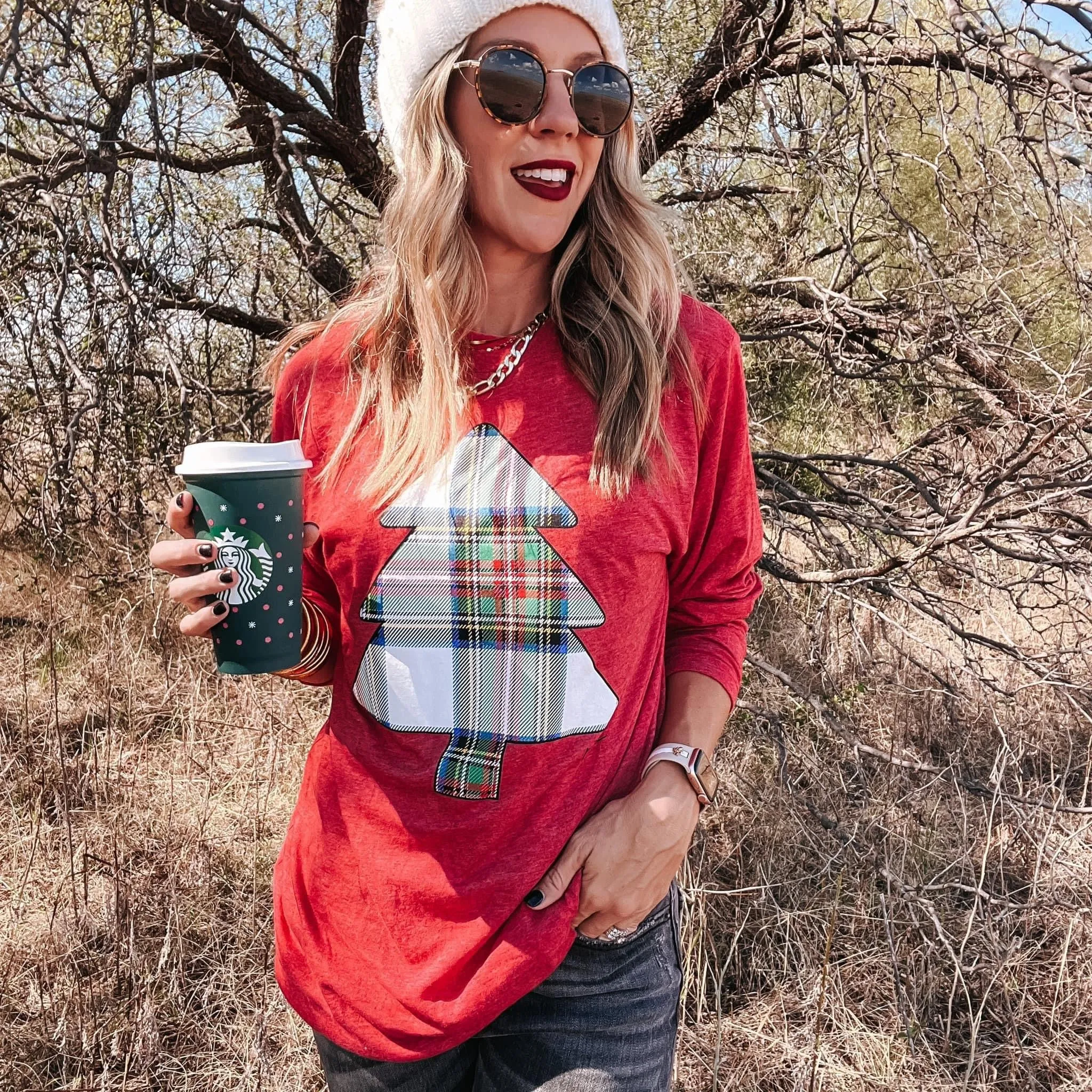 Plaid Christmas Tree Ling sleeve Tee