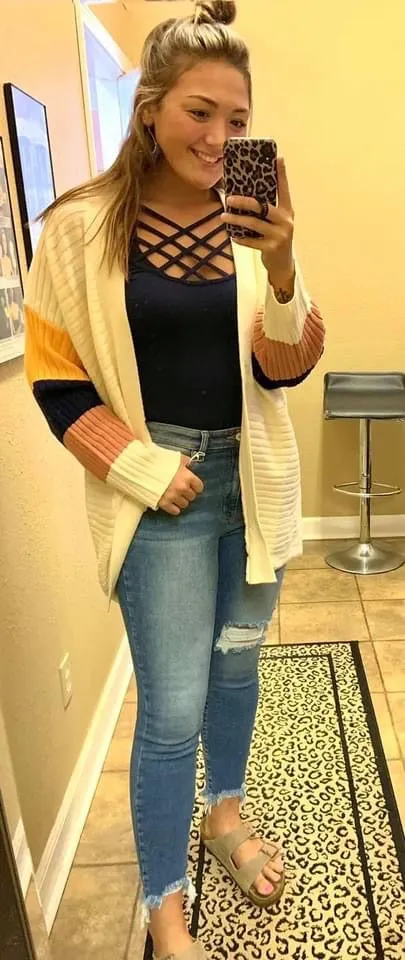 Plus Size Color Block Sleeve Ribbed Cardigan